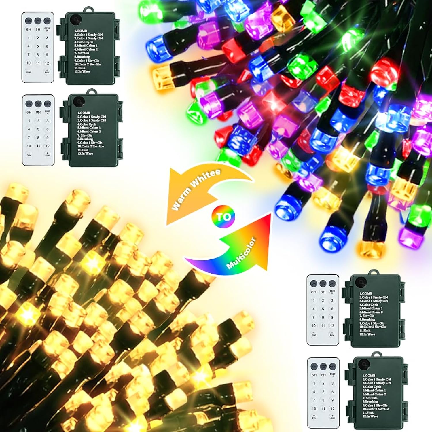 Battery Christmas Lights With Remote 4 Pack, 17Ft 50 Led Dual Color Changing Mini String Light With 3 Auto-Timer Options