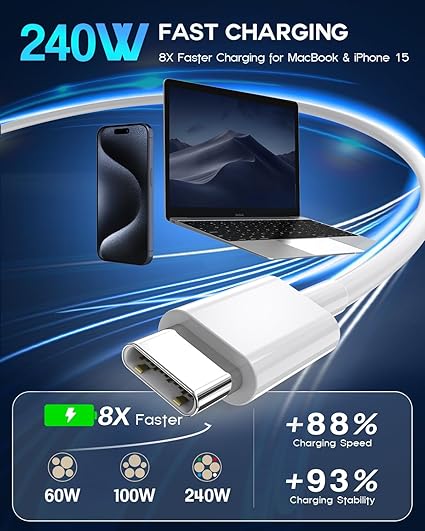 240W USB C to USB C Fast Charging Cable 6.6FT for MacBook iPad Pro iPhone 15 Samsung Galaxy Charger Cord
