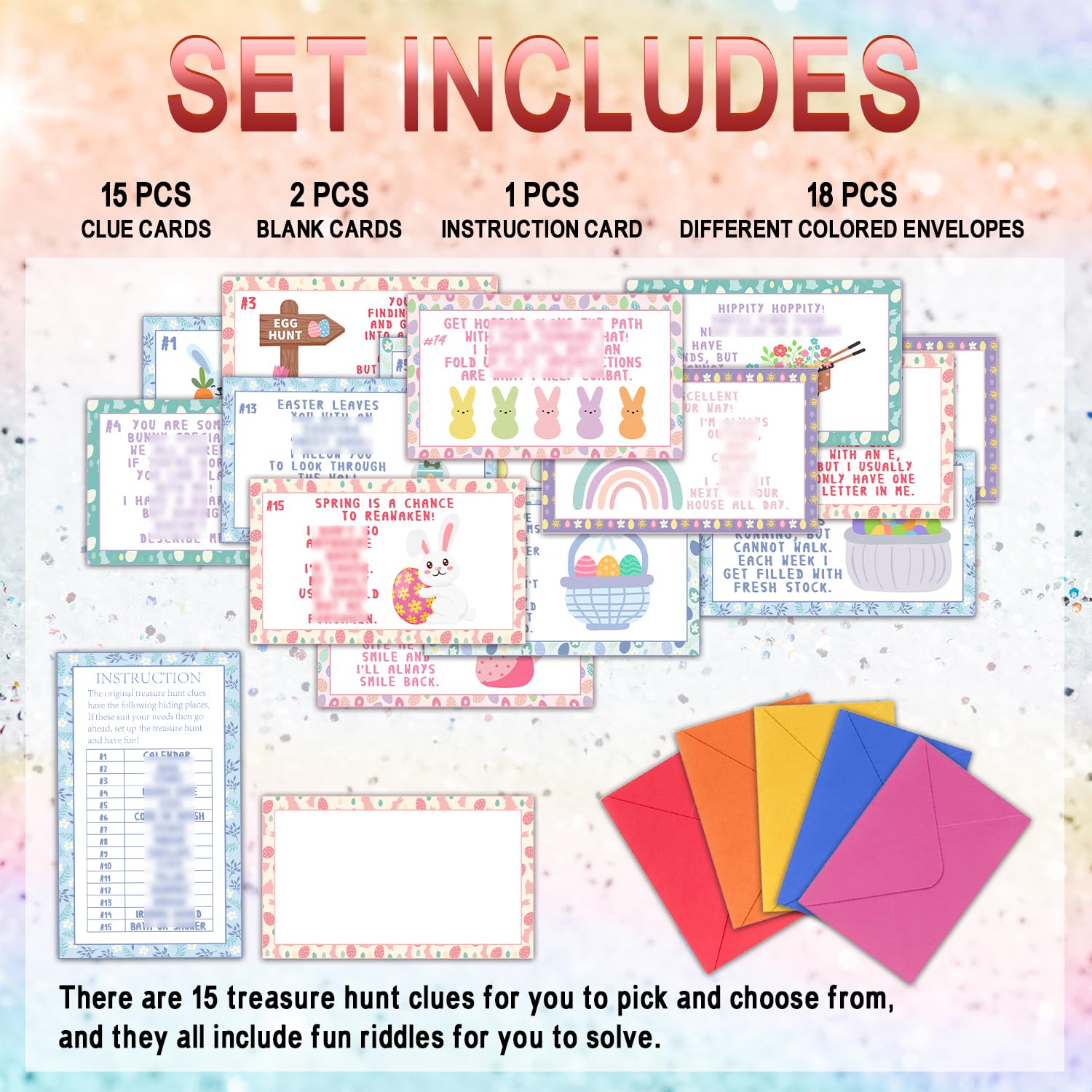 Easter Treasure Hunt Clue Card, Egg Bunny Floral Decor Easter Scavenger Hunt, Set Of 18 Cards And 18 Envelopes, Spring Holiday Celebration Activity Party - Fh1