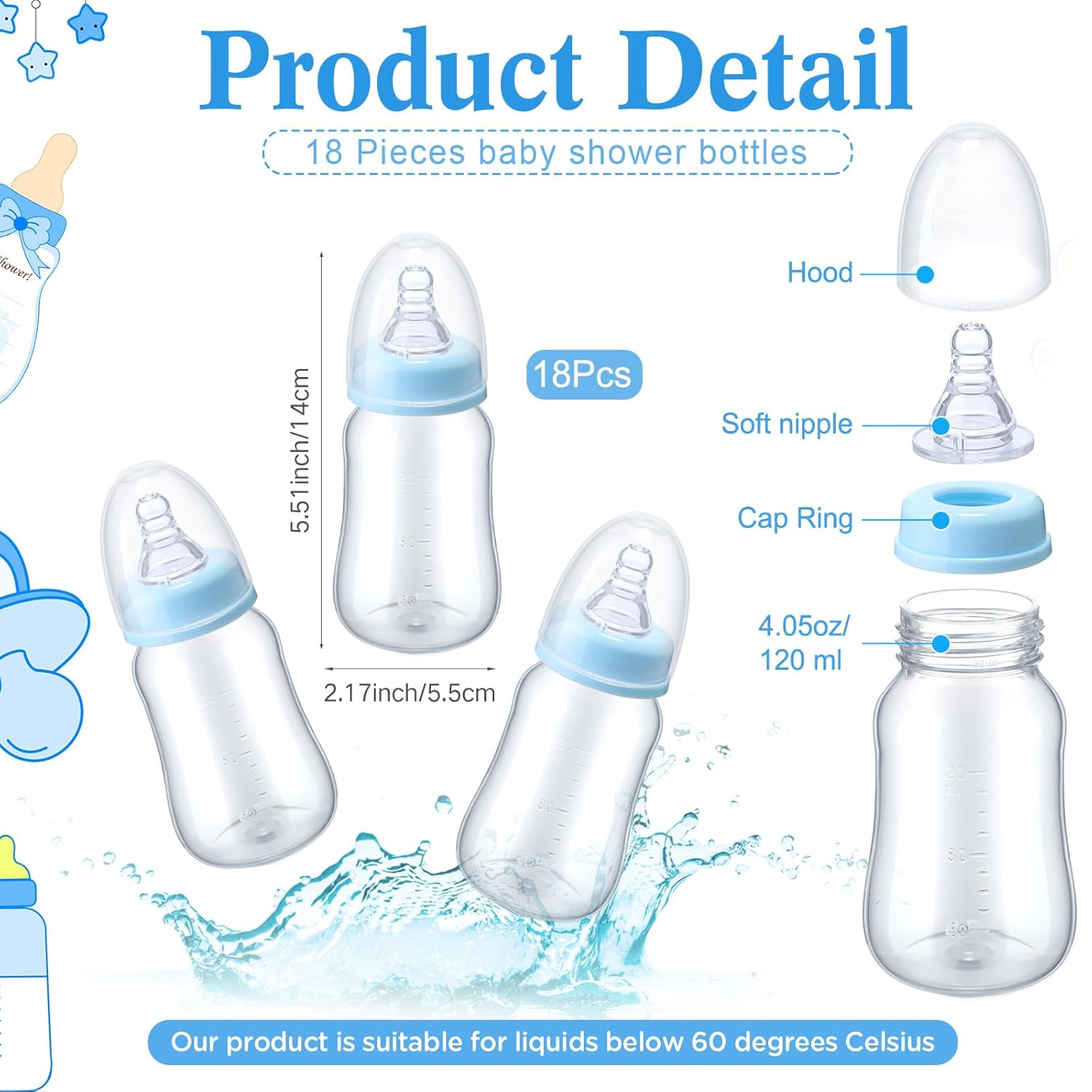 Bottle Chug Baby Shower Games Favors Including 18 Pcs Bottles With 1 Bottle Chug Wooden Sign For Gender Reveal Baby Shower Party Supplies(Blue,Elephant)