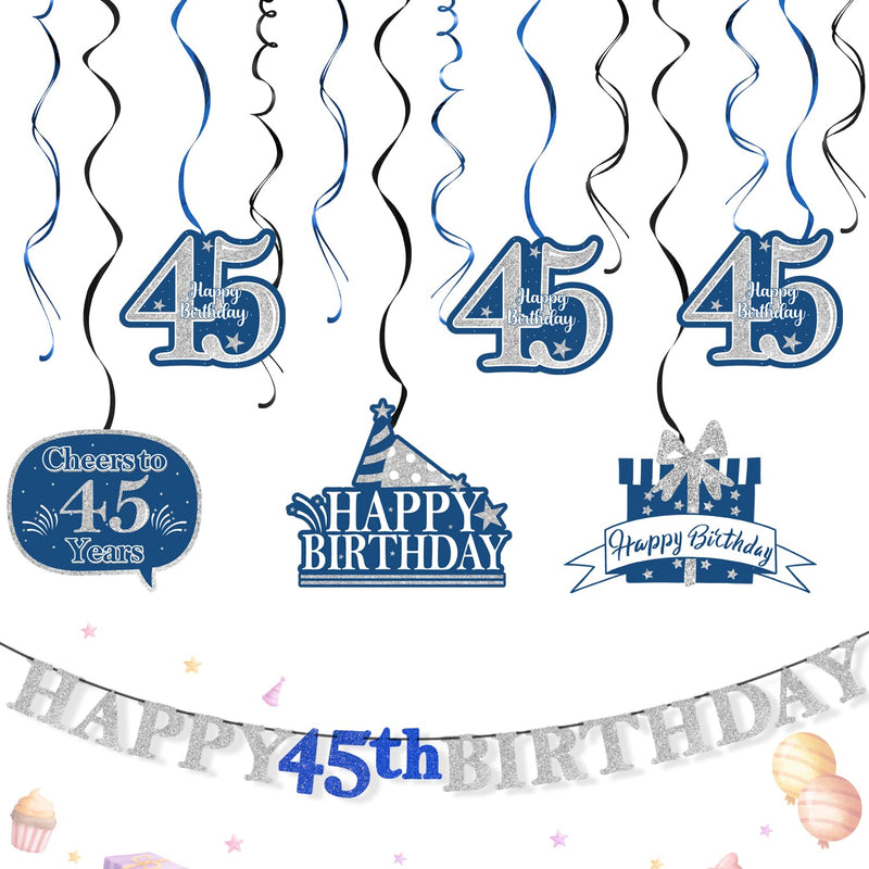 Happy 45Th Birthday Blue Decorations Set,12Pcs 45Th Birthday Blue Glit