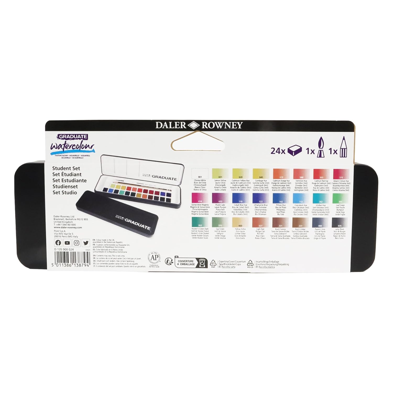 Daler-Rowney Graduate Watercolor Travel Set, 24 Count Half Pans - Watercolor Paint Set With Brush & Mixing Trays