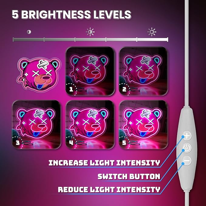 Pink Bear Neon Sign Dimmable LED Wall Light Acrylic Bear Head Decor for Girls Room Bedroom