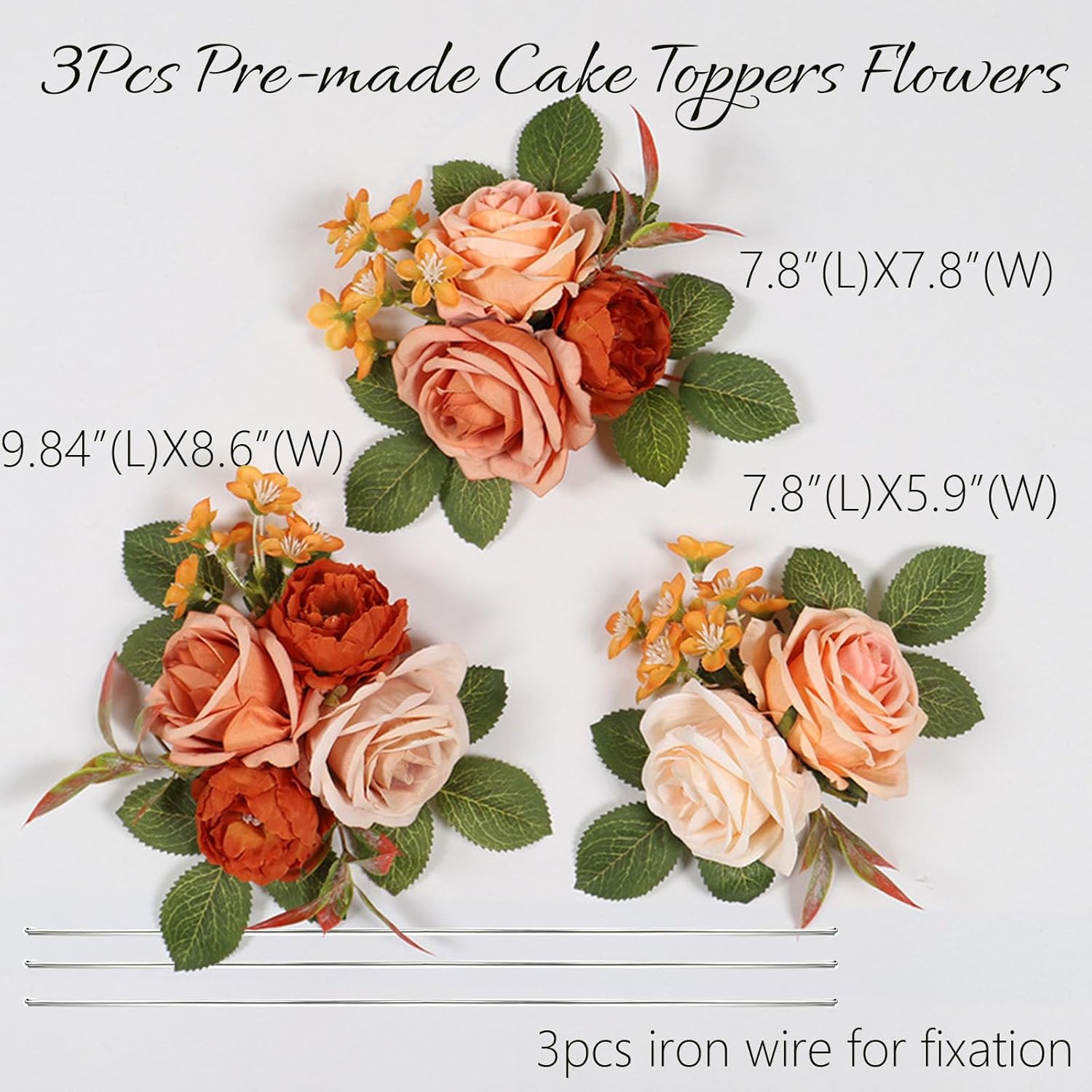 3Pcs Wedding Cake Toppers Burnt Orange Pre-Made Artificial Wedding Cake Flowers Arrangements Flowers Cake Decorations For Fall Wedding Anniversary Baptism Bridal Baby Shower Birthday Party