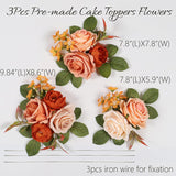 3Pcs Wedding Cake Toppers Burnt Orange Pre-Made Artificial Wedding Cake Flowers Arrangements Flowers Cake Decorations For Fall Wedding Anniversary Baptism Bridal Baby Shower Birthday Party