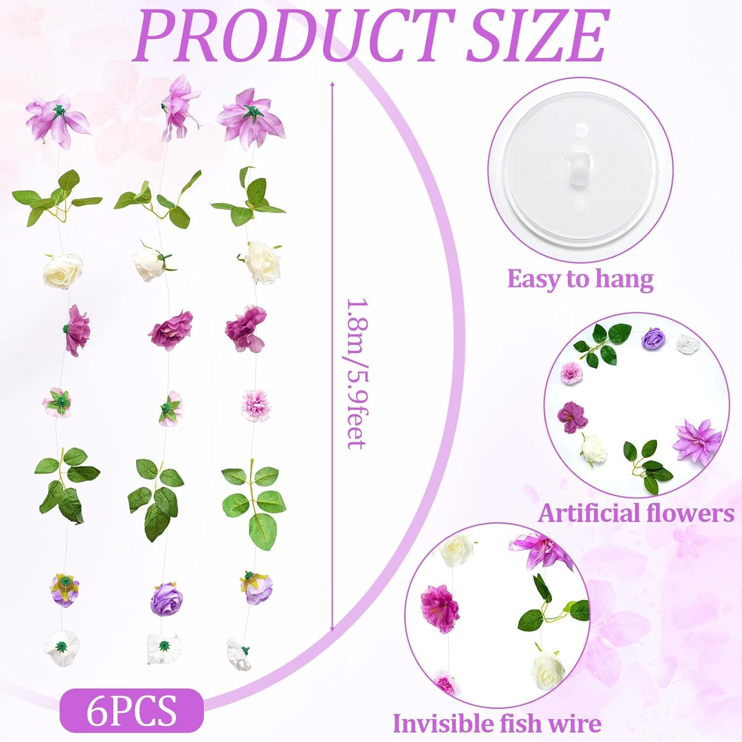 6 Pcs 35.4 Ft Flower Garlands With Hooks Spring Artificial Wildflower Hanging Decoration Fake Floral Vines Backdrop Garland Faux Silk Wildflower Decor For Wedding Room Home Garden Wall Arch(Purple)