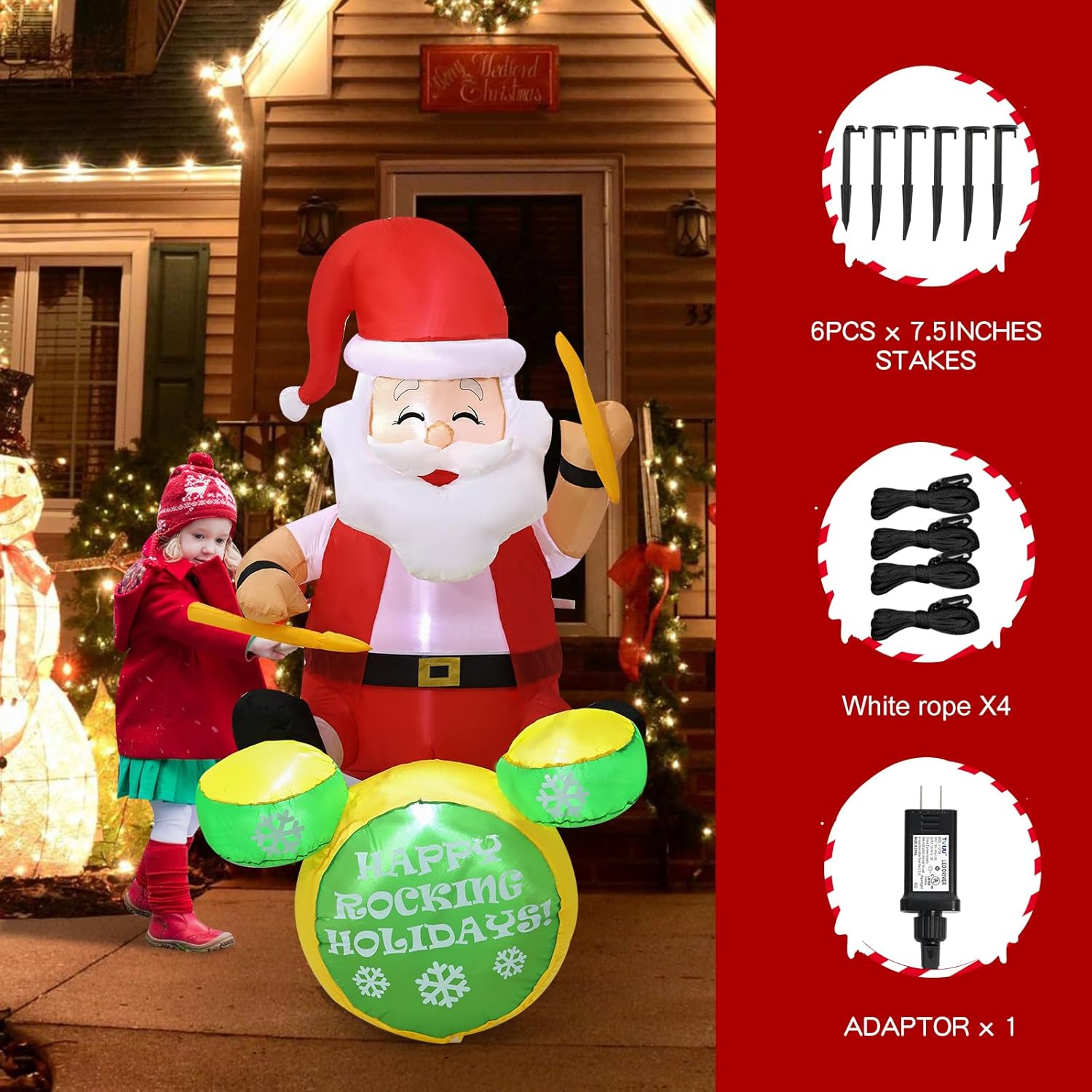 6Ft Christmas Inflatable Outdoor Decorations, Old Man Playing Drums Inflatable Patio Decorations With Led Lights For Ind