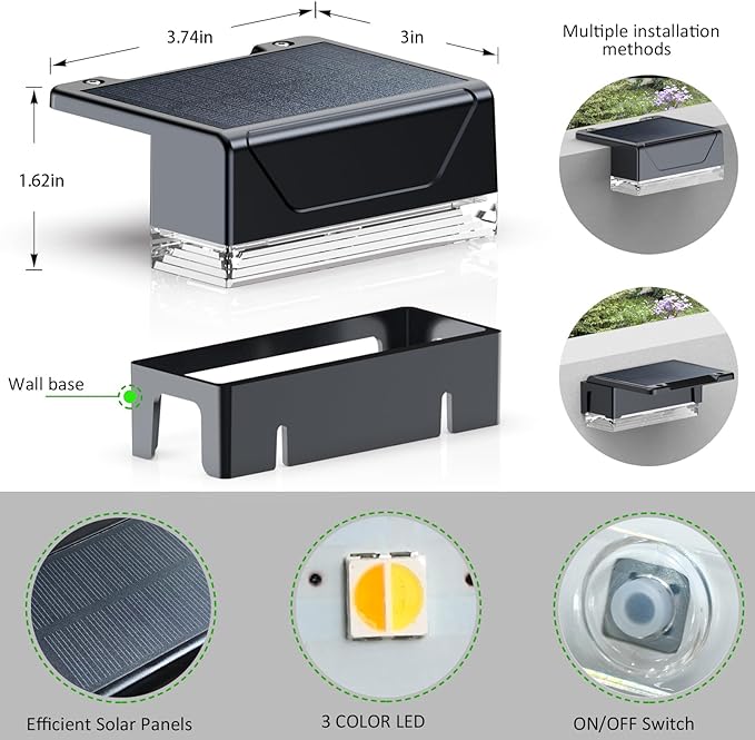 8 Pack Solar Fence Lights Outdoor 3 Mode IP65 Waterproof Dusk to Dawn Deck Stair Lights