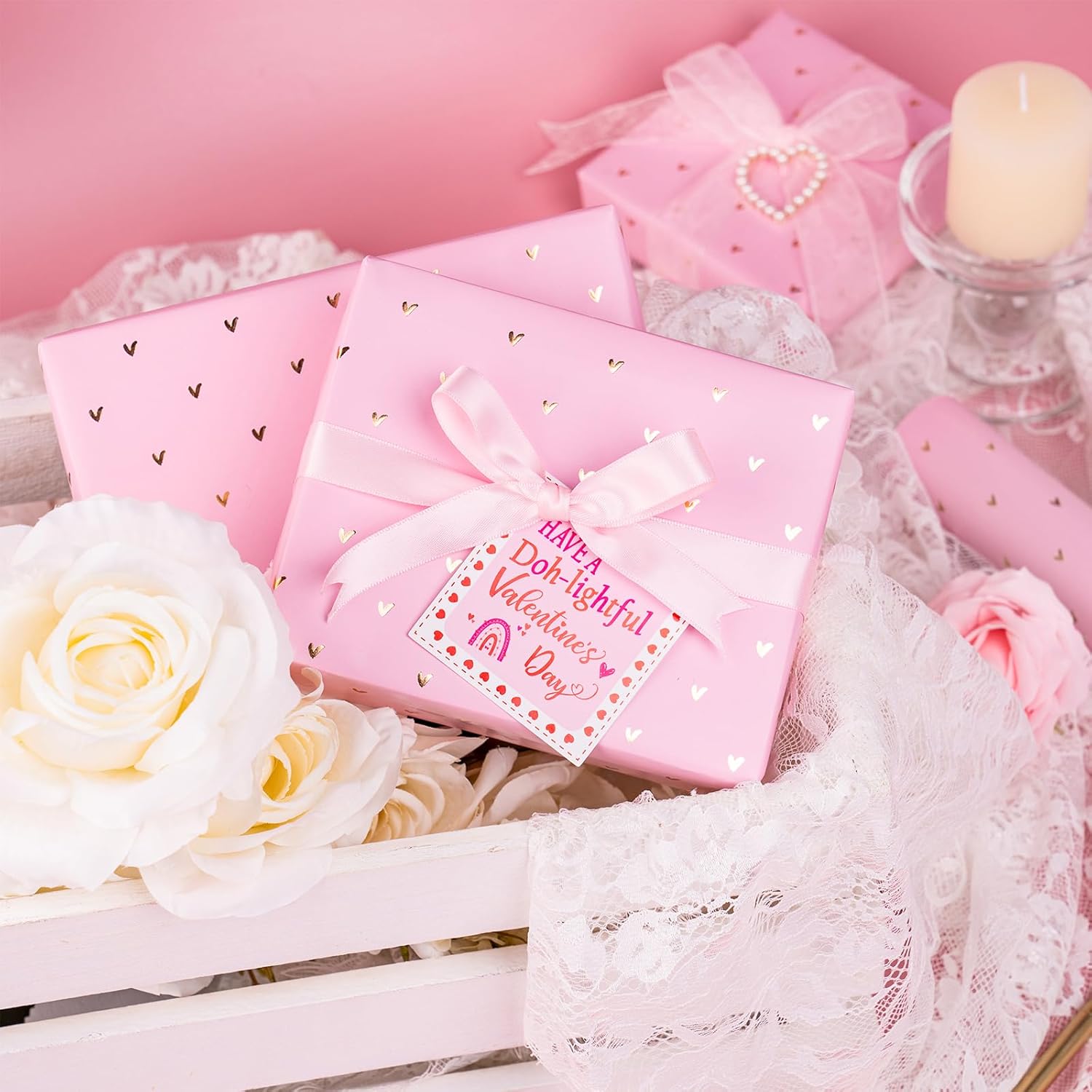 Valentine'S Day Wrapping Paper - Mini Roll - 17 Inch X 33 Feet - Sweet Gold Foil Pink Love Heart Design For Valentine'S Day, Wedding, Anniversary, Birthday, Baby Shower