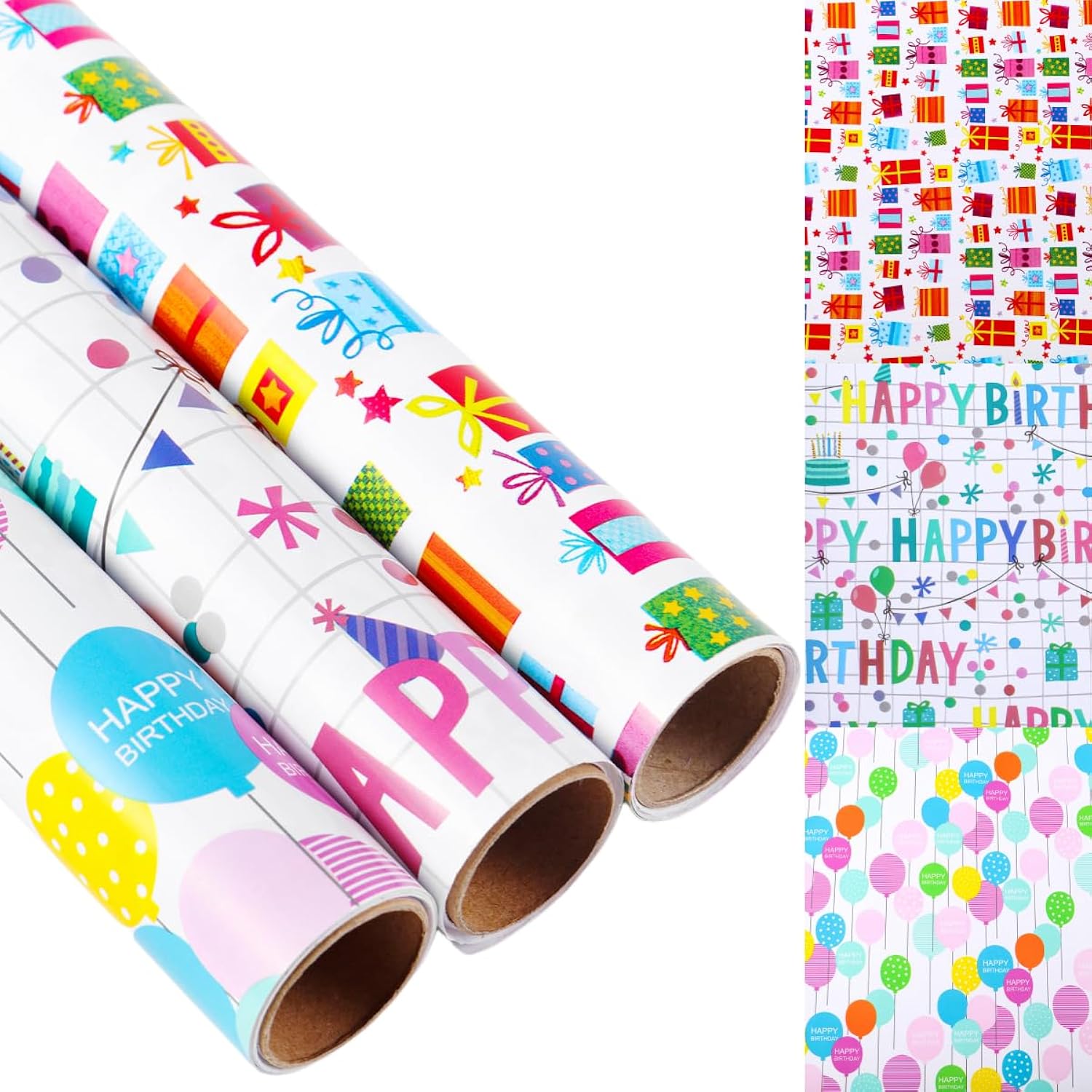 Birthday Wrapping Paper, 3 Mini Rolls, 17 Inch X 9.8 Feet, Decorative Happy Gift, Presents And Balloons Design Wrapping Paper For Birthday, Gift Packaging, Holiday, Party, Baby Shower