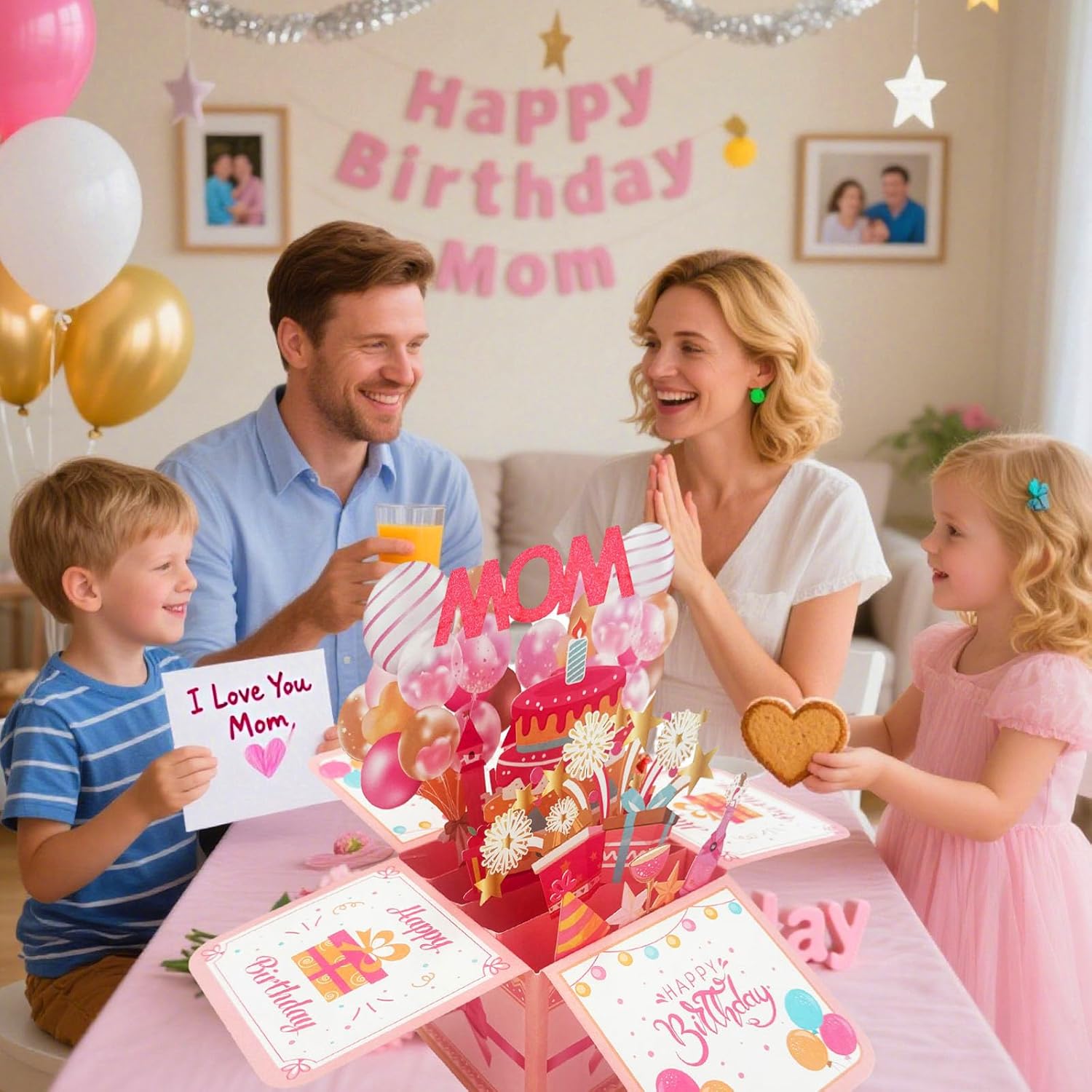 Happy Birthday Mom Card From Daughter Son Kids Funny 3D Pop Up Birthday Gift Card Box For Mom Foldable Celebration Greeting Cards With Envelope For Women Stepmom Godmother