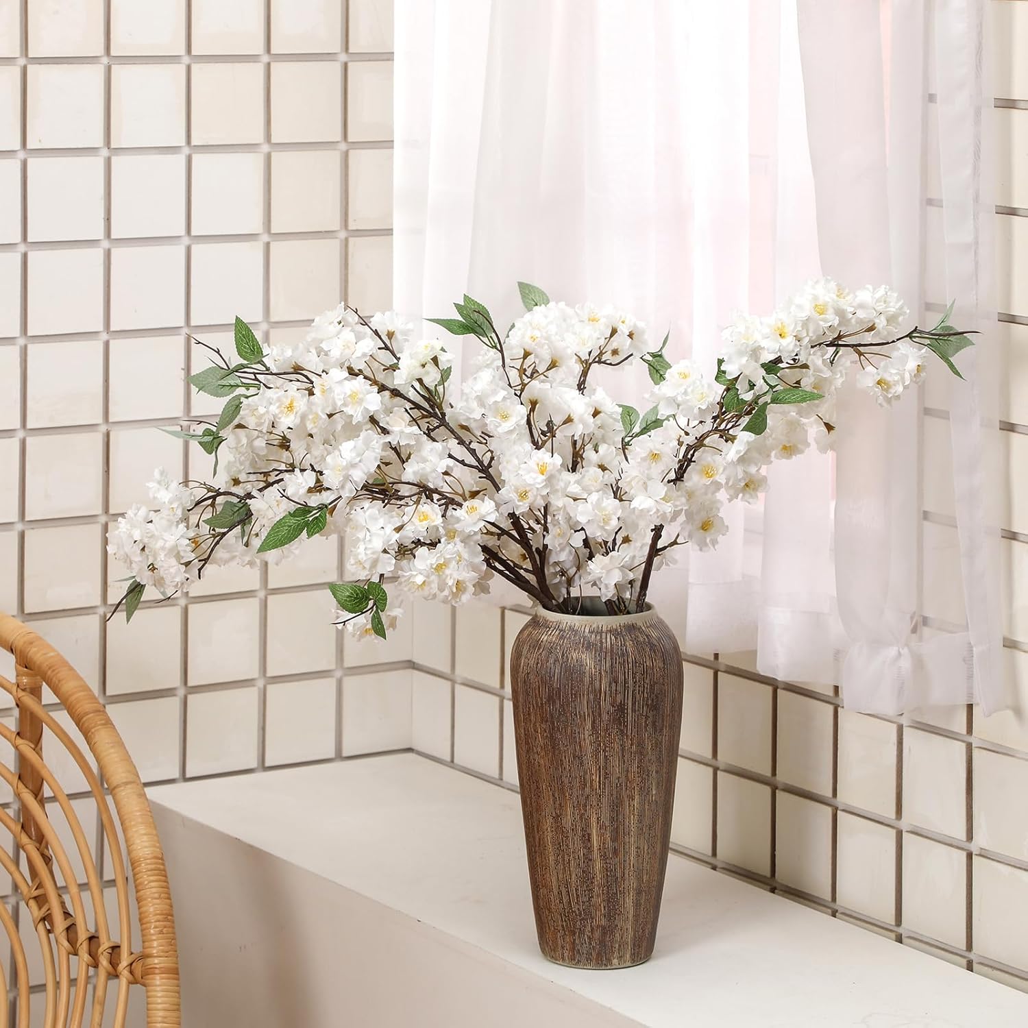 Artificial Cherry Blossom Branches 38 Inch Fake Wedding Silk Cherry Blossom Tree Stems 4 Pcs Faux Flowers Floral Arrangements For Home Vase Wedding Table Decor(White)