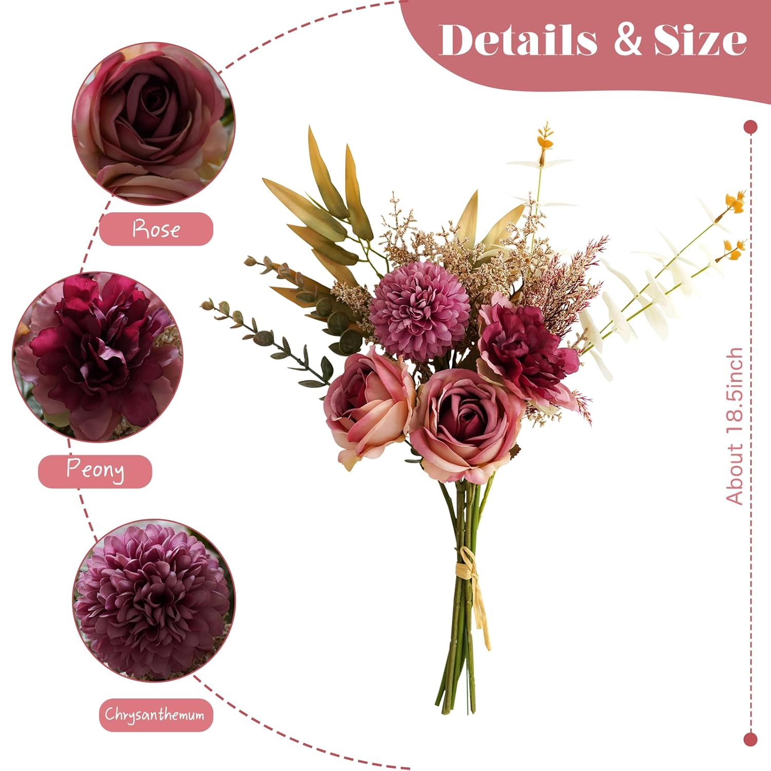 Artificial Mixed Flower Bouquet - Roses, Globe Chrysanthemum & Peonies Fake Flowers For Home Decor, Centerpiece, Party Arrangements, Wedding (Red)