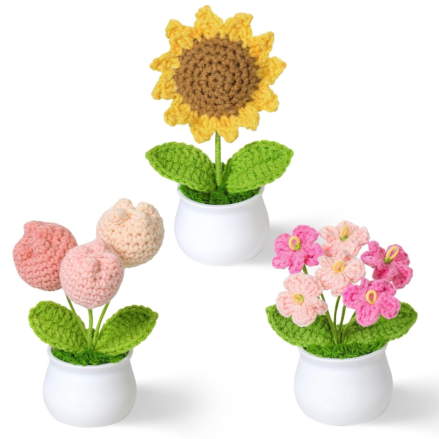 Crochet Flower Cute Potted Plants Fake Knitted Sunflower Tulips Mini Flowers Pot For Desk Office Car Dashboard Window Home Decor, Gift For Teachers Mother Day Valentines Anniversary Birthday