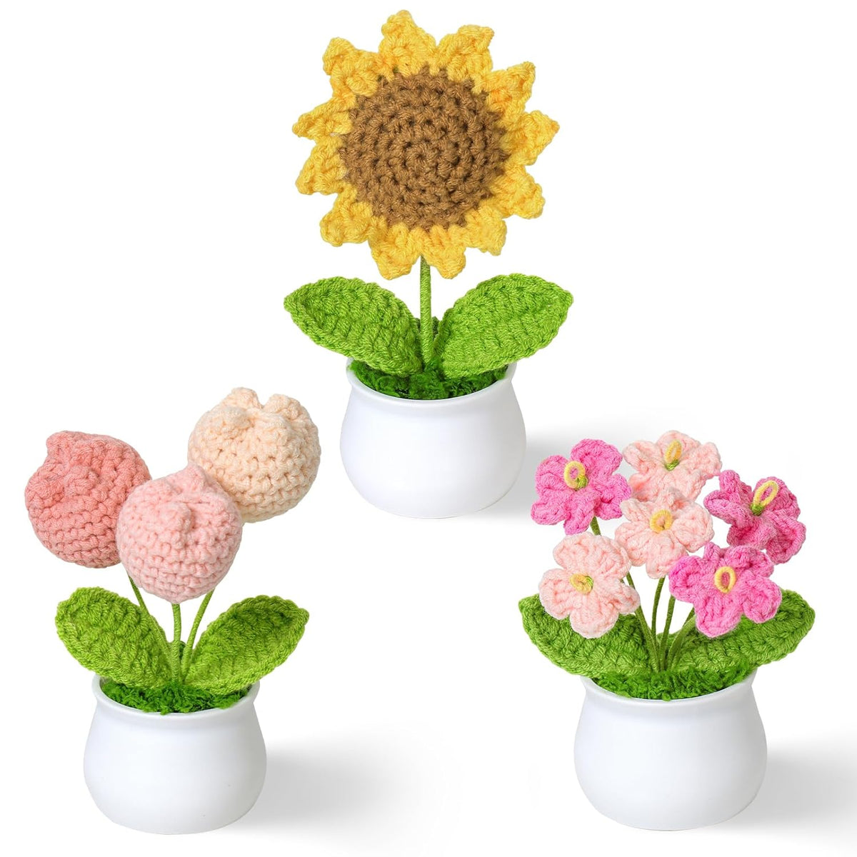 Crochet Flower Cute Potted Plants Fake Knitted Sunflower Tulips Mini Flowers Pot For Desk Office Car Dashboard Window Home Decor, Gift For Teachers Mother Day Valentines Anniversary Birthday
