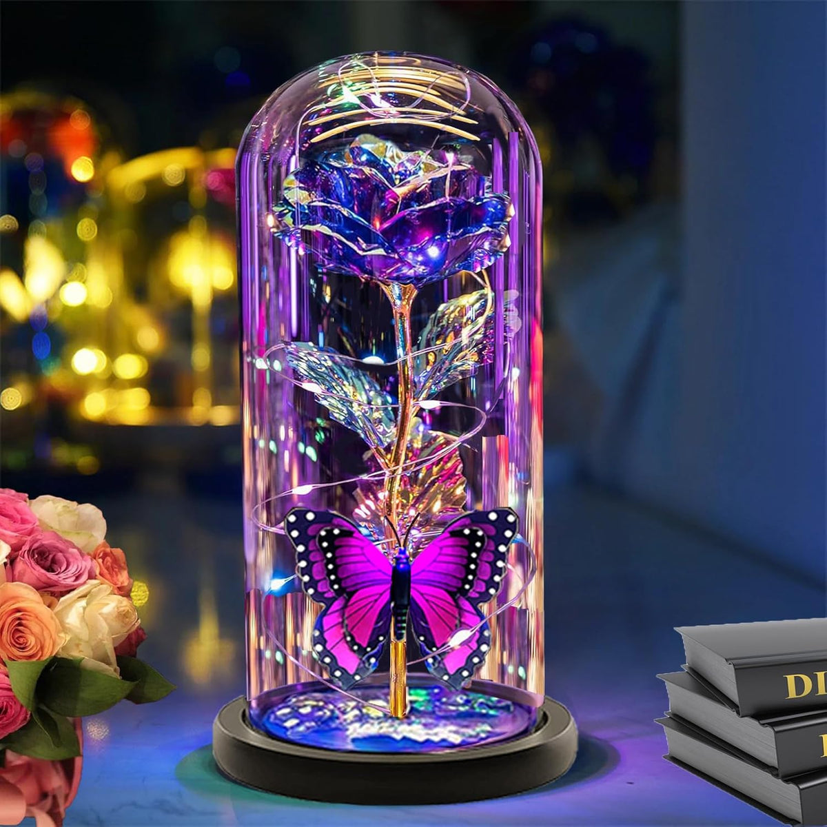 Valentines Rose Flowers Gifts For Her Women Mom Wife,Galaxy Crystal Light Up Purple Rose In Glass Dome Rose Gifts For Mom Girlfriend,Valentines Day Gifts For Her?Butterfly Birthday Gifts For Women