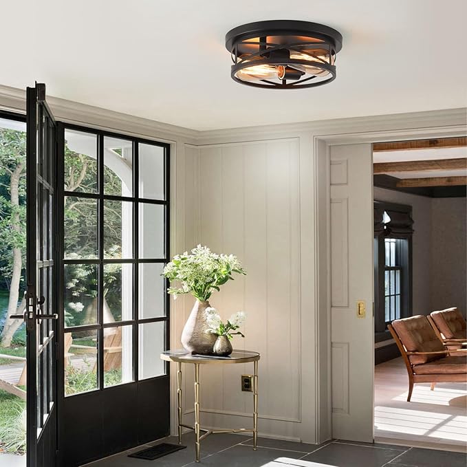 Black Flush Mount Ceiling Light Industrial Metal Cage Farmhouse Fixture