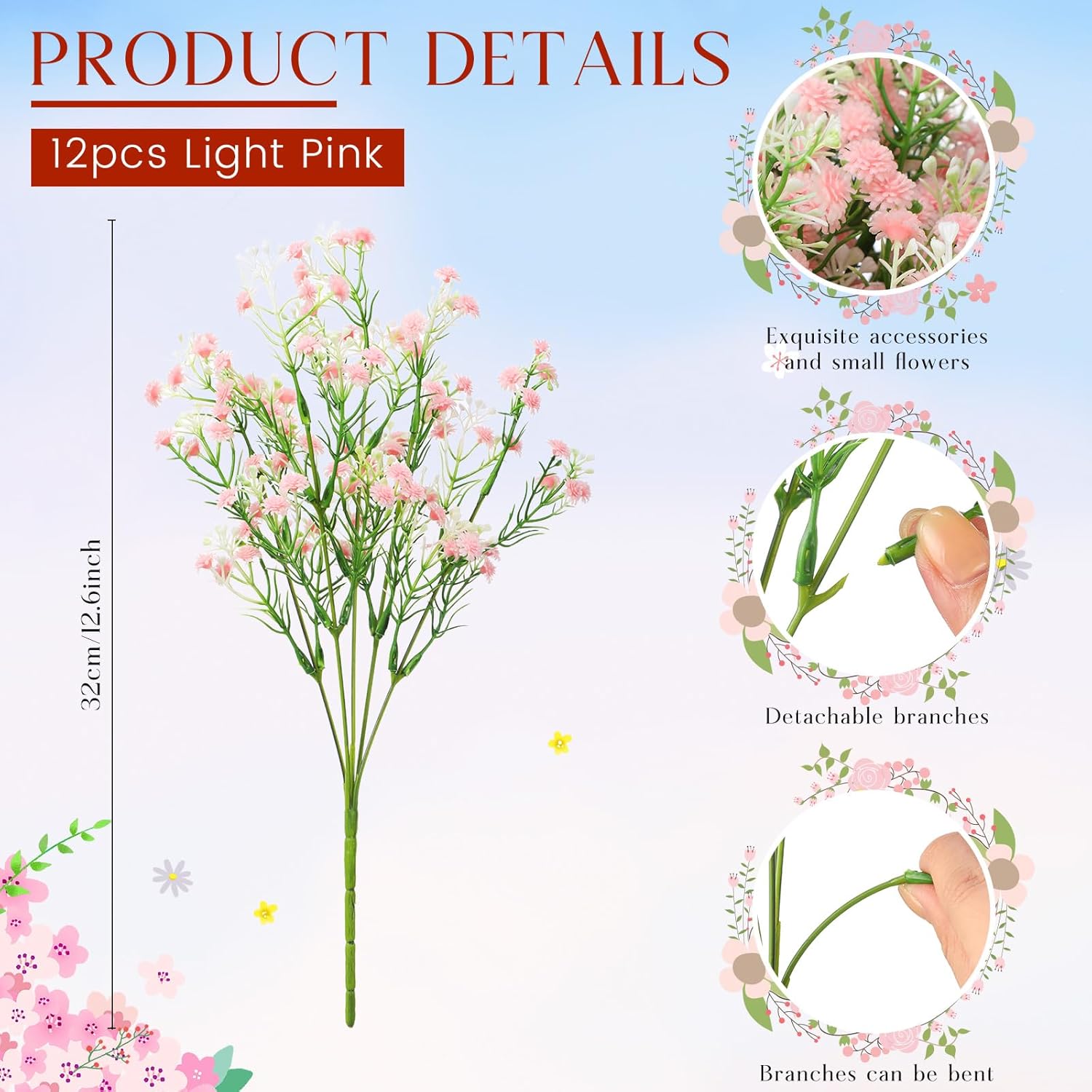 12 Pcs Spring Babys Breath Flowers Wedding Artificial Flowers Bulk Fake Gypsophila Babys Breath Bouquet Sprays Faux Floral For Home Vase Floral Arrangement Mother'S Day Decor(Light Pink)