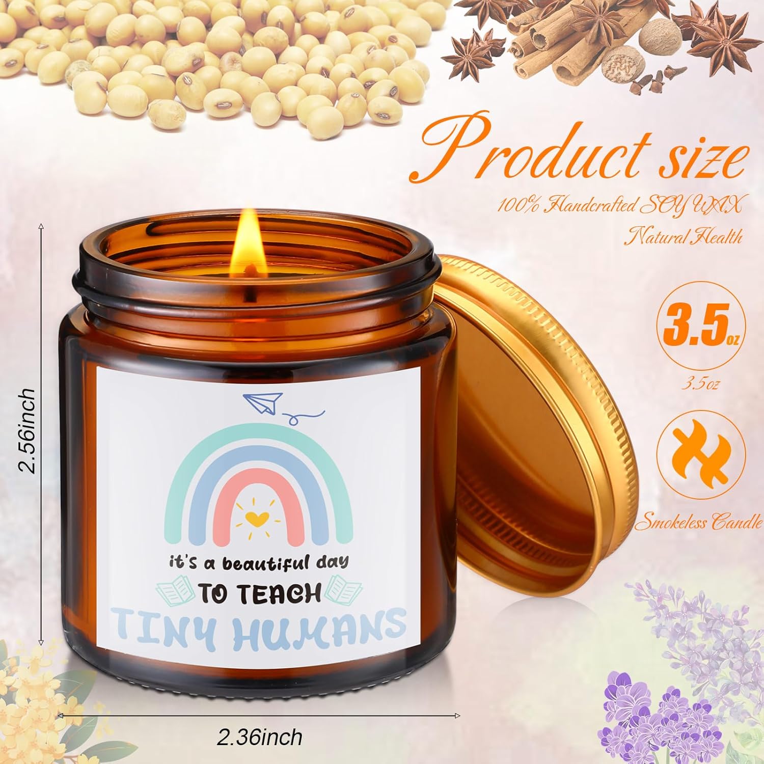 12 Pcs Teacher Appreciation Gift Bulk 3.5Oz Scented Soy Wax Fragrance Thank You Candle Aromatherapy Jar Inspirational Candle For Thank You Teacher Back To School Gift, 12 Style (Rainbow,Brown)