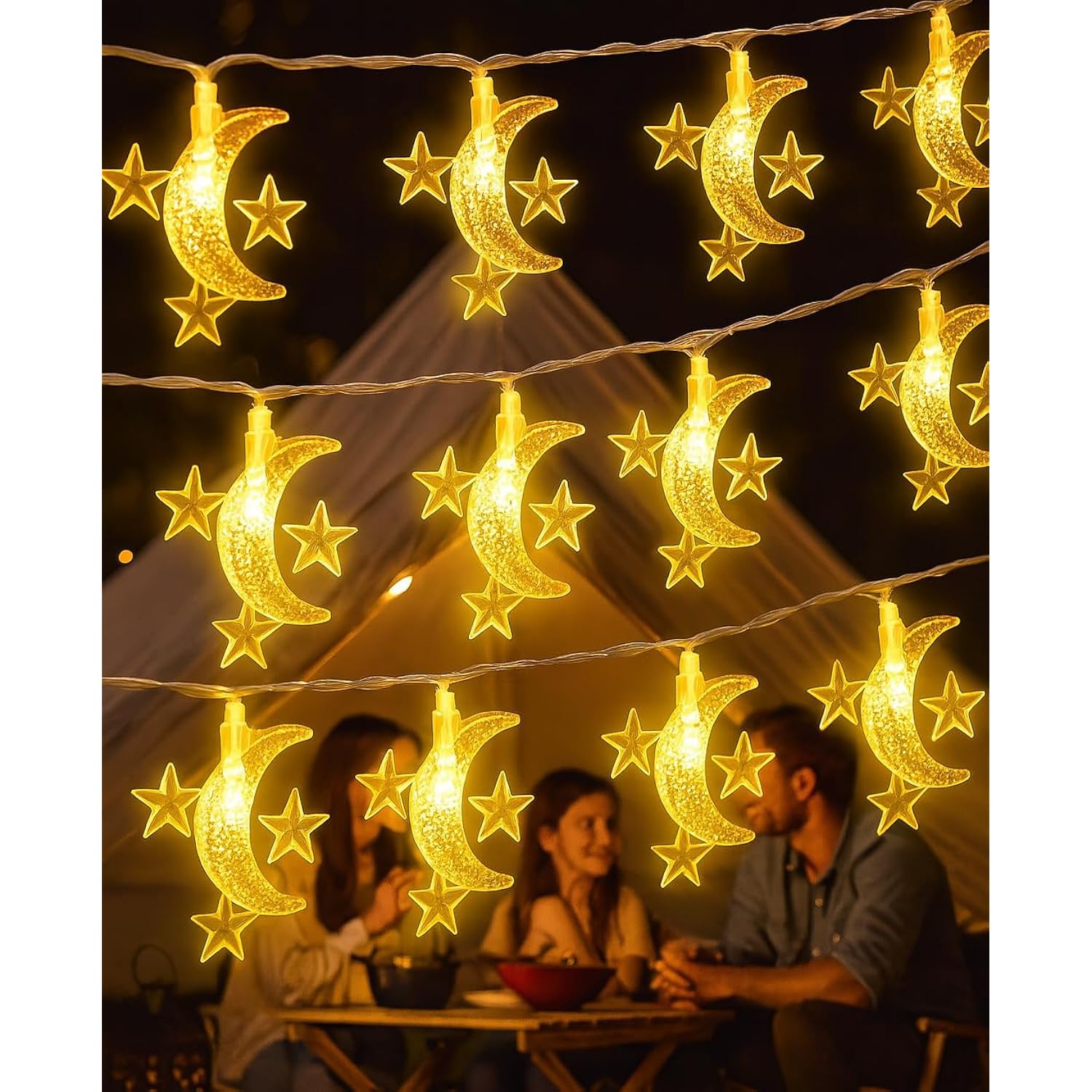 Moon-&-Star Fairy Lights, 40 Led 20 Ft String | Warm White Usb/Aa Powered Dorm Room Lights For Ramadan & Eid, Halloween,