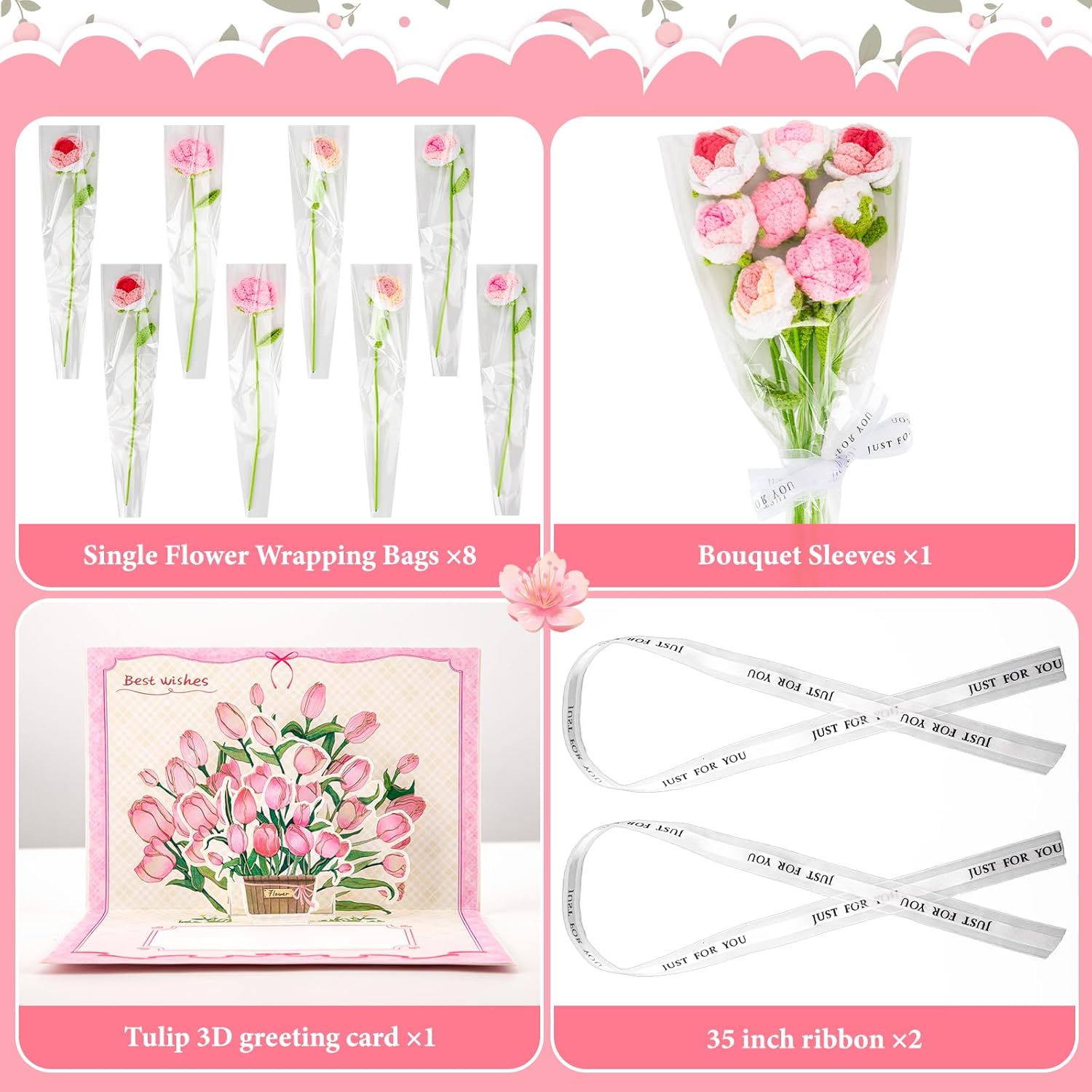 Pink Rose Crochet Flowers, 8 Pcs Fake Rose Artificial Flower Handmade Knitted Rose Bouquet With 9 Pcs Bouquet Sleeves And A Rose Greeting Card For Mothers Day/Birthday/Anniversary Home Decor