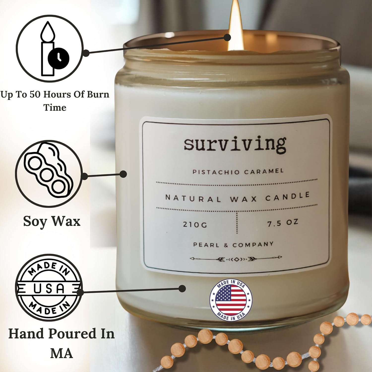 Candles Clearance: Pistachio Caramel Scented Candle For Women, Elegant White, 50 Hr Burn, Hand Poured In Ma, All Natural, Empowering Gift 7.5 Oz