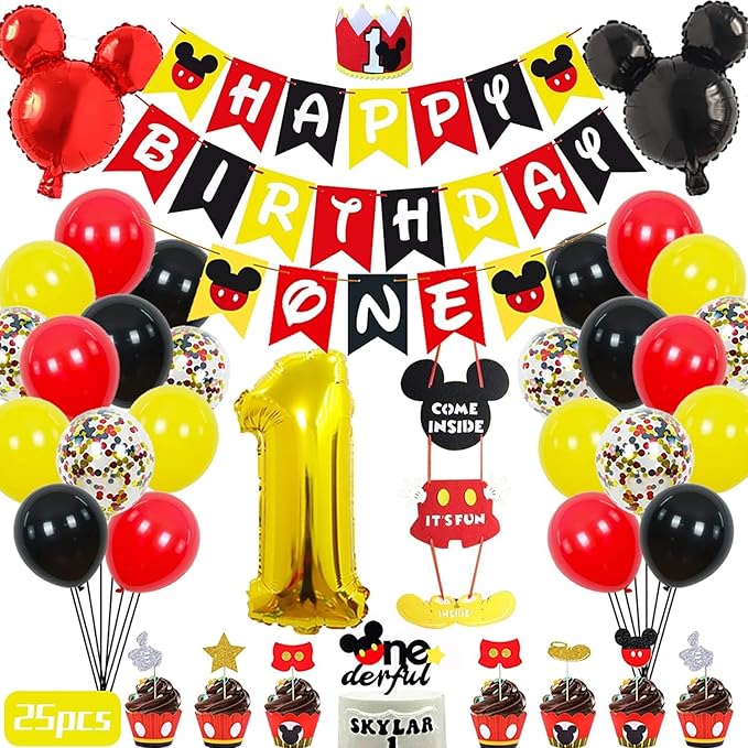 58-Pc 1st Mouse Birthday Party Set Banner, Tablecloth, Balloons & Cupcake Toppers