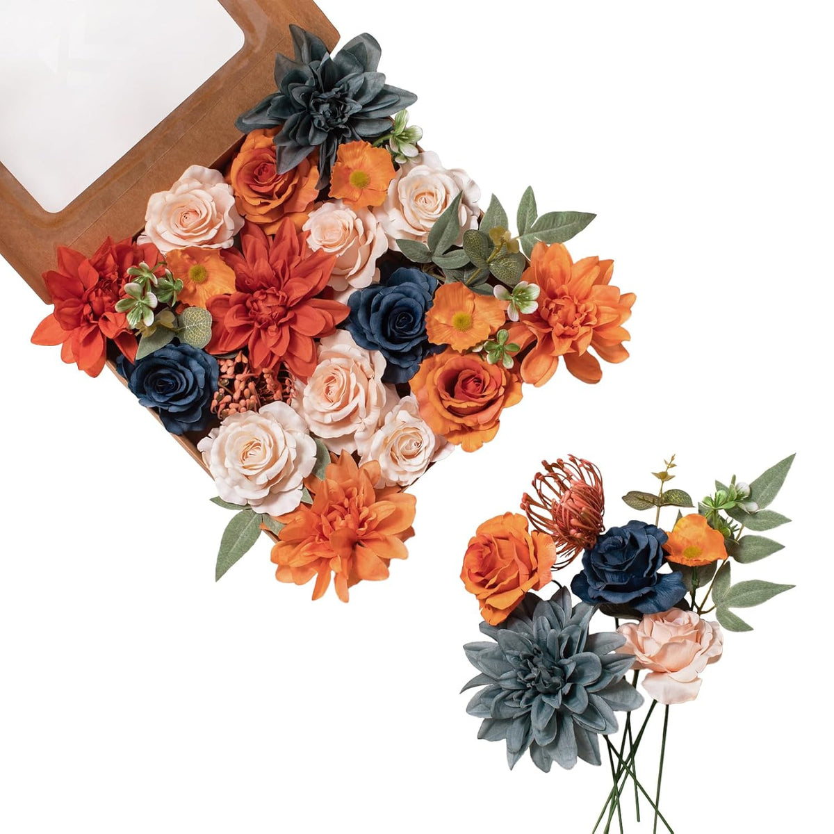 Rose Artificial Flowers Combo For Diy, Fake Burnt Orange & Navy Blue Rose Silk Flowers Greenery, Faux Flowers For Wedding Bridal Bouquet, Table Centerpieces, Floral Arrangement, Home Decoration