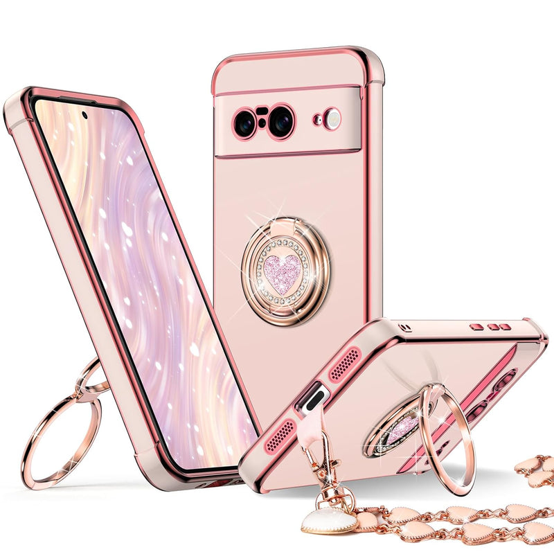 Pixel 9 Case, Stand, Double Ring, Love-Heart Bling, Cute, Protective, Pink