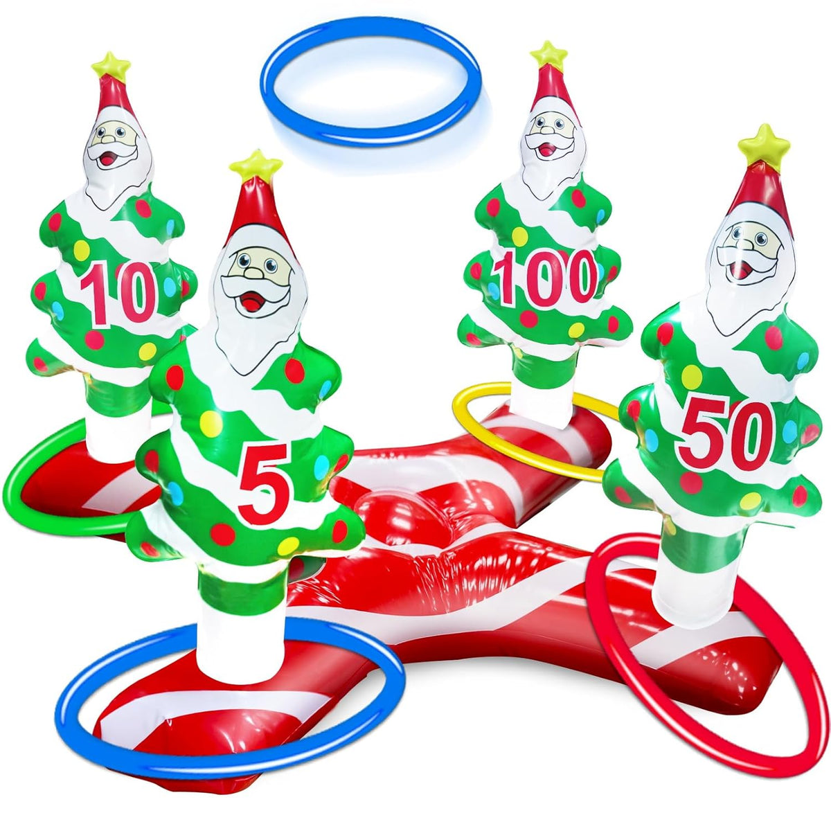 Giant Inflatable Christmas Tree Ring Toss Party Game Toys Kids Adults Family Stocking Stuffers Christmas Party Supplies Favors Decoration Indoor Outdoor Games(4 Score Santa Base, 4 Rings)