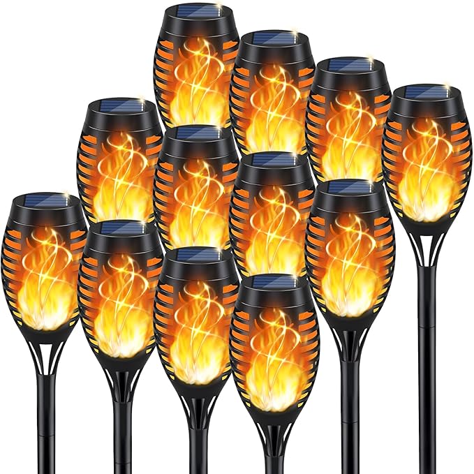 12 Pack Solar Torch Lights Flickering Flame Waterproof Outdoor Garden Pathway Lights