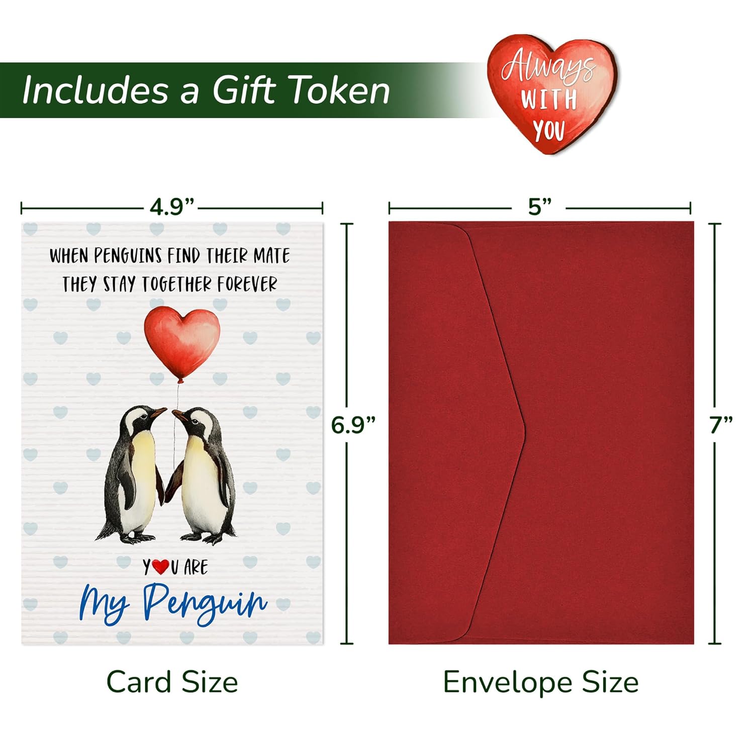 Gifts For Her Him Wife Husband - Anniversary Presents For Men Women, Birthday Cards Gifts For Boyfriend Girlfriend Penguin Couple - 4.9"X6.9" Greeting Card With Pocket Hug Token, Envelope