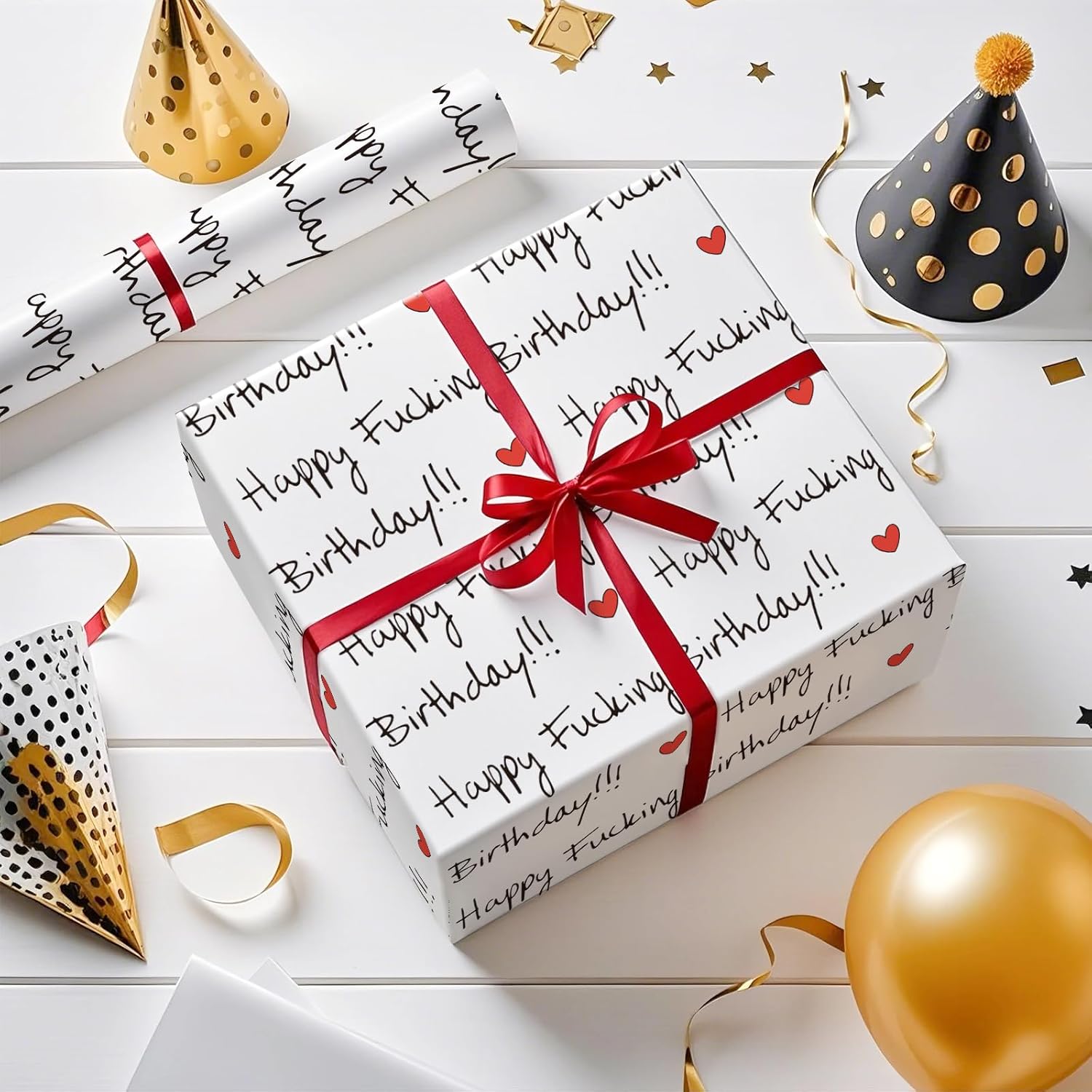 Funny Birthday Wrapping Paper Roll For Friends, Mini Roll, Black Happy Birthday Text With Red Hearts Gift Wrap Paper For Milestone Birthdays, 17 Inches X 16.4 Feet