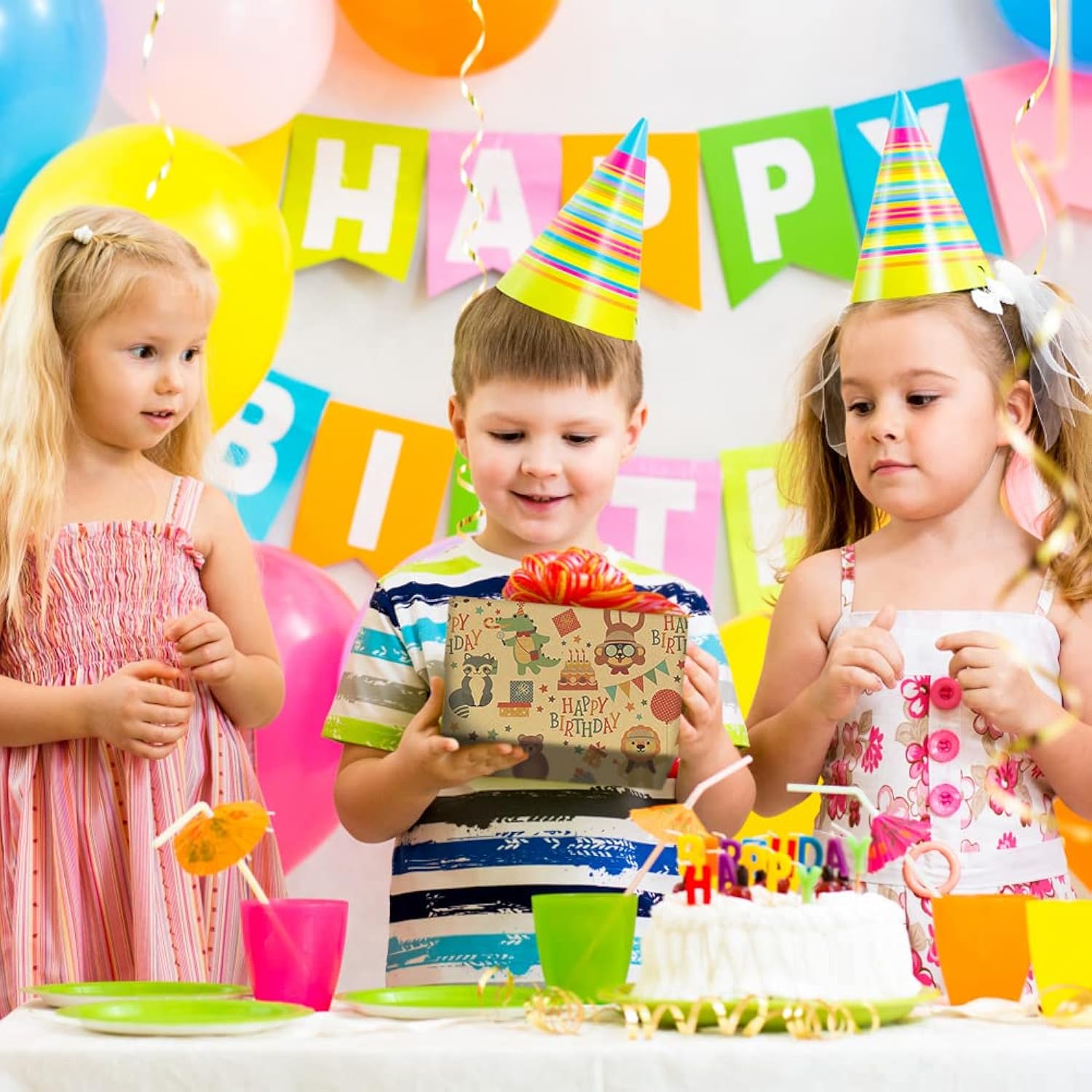 Birthday Wrapping Paper For Boys Kids Girls, Happy Animals Party Dinosaur Design Kraft Gift Wrap Paper, Happy Birthday Wrapping Paper 6 Sheets Folded Flat 20X28 Inches Per Sheet