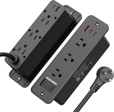 Recessed Power Strip 6 Outlets 5 USB Ports 3 USB C 5FT Flat Plug 900J Surge Black