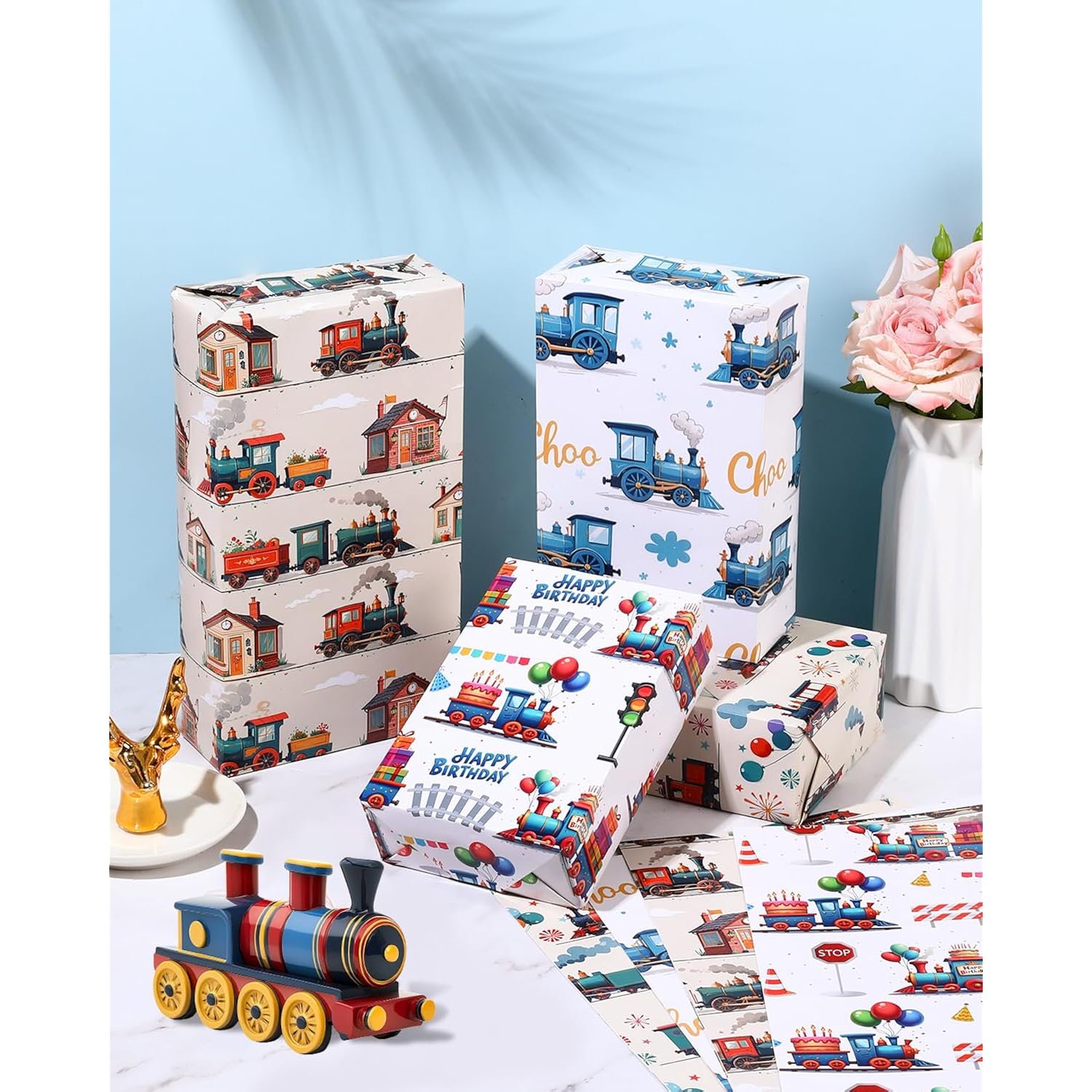 Train Wrapping Paper - 12 Sheets Cartoon Birthday Wrapping Paper Gift Wrap - Blue & Red Trains With Balloons Cake Gifts Train Tracks For Kids Boys Baby Shower Party Supplies - 20X28 Inch