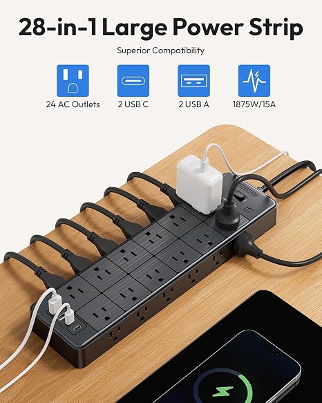 Large 24 Outlet Surge Protector Power Strip 5FT Extension Cord 4000 Joules