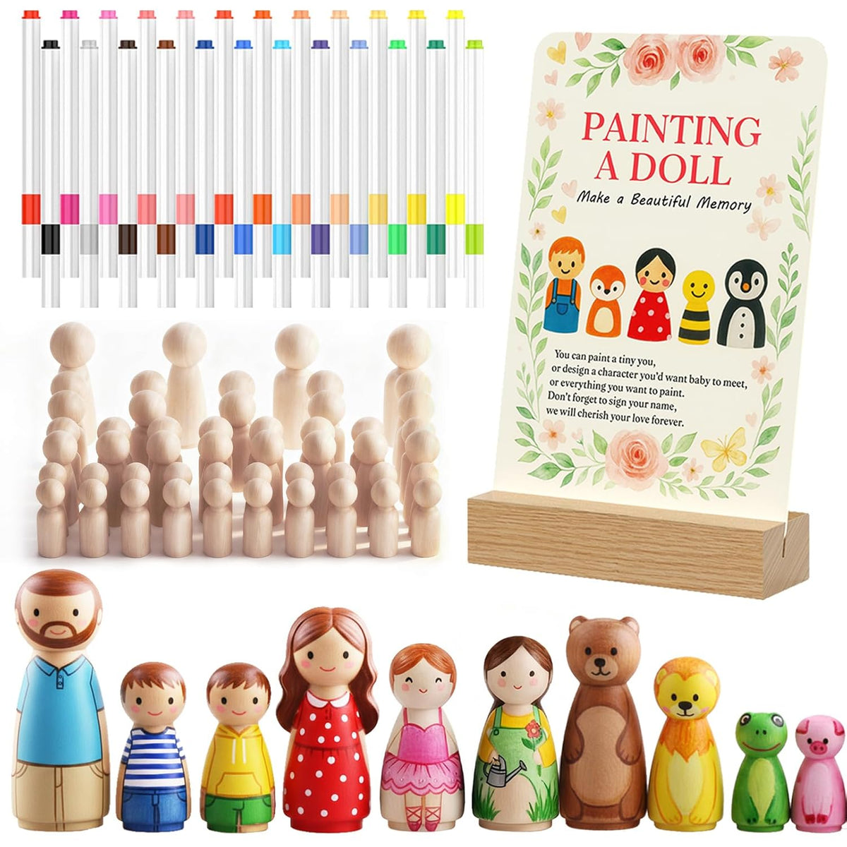 Fun Baby Shower Games Painting Kit, Diy Wooden Blank Dolls For Coloring, Baby Shower Activities With 24 Acrylic Marker Pens