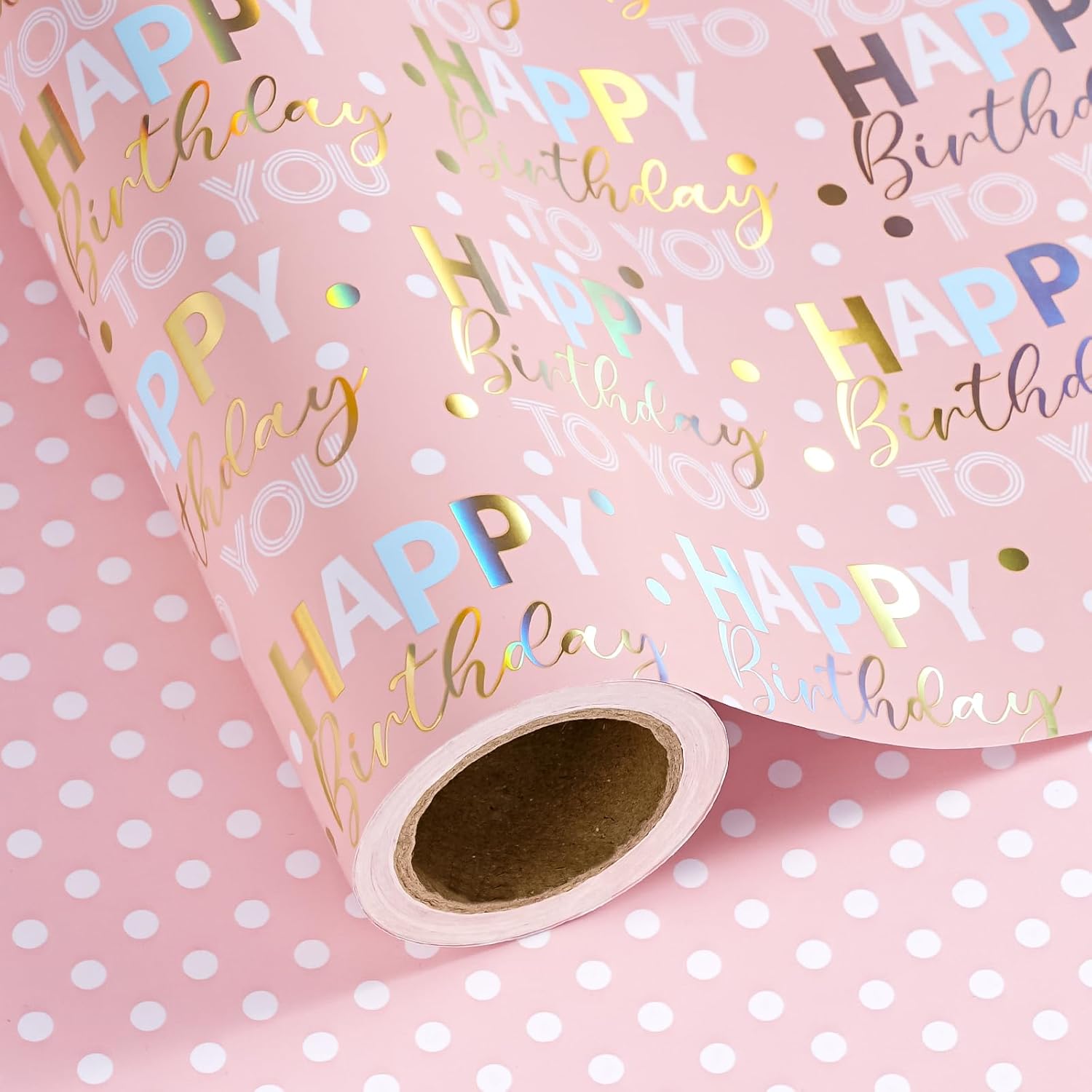 30 Inch Reversible Birthday Wrapping Paper - 30 Inch X 33 Feet - Rose Gold Foil And Iridescent Happy Birthday Wrapping Paper For Girls, Women, Baby Shower