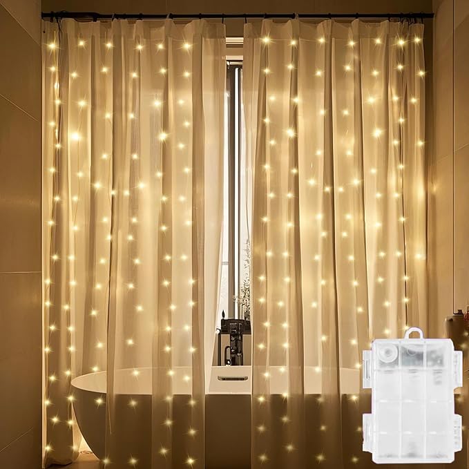 72x72 Inch Shower Curtain Fairy Lights 180 LED Battery Operated Waterproof Curtain String Lights with Hooks Indoor Outdoor Bathroom Bedroom Party Decor No Curtain Included