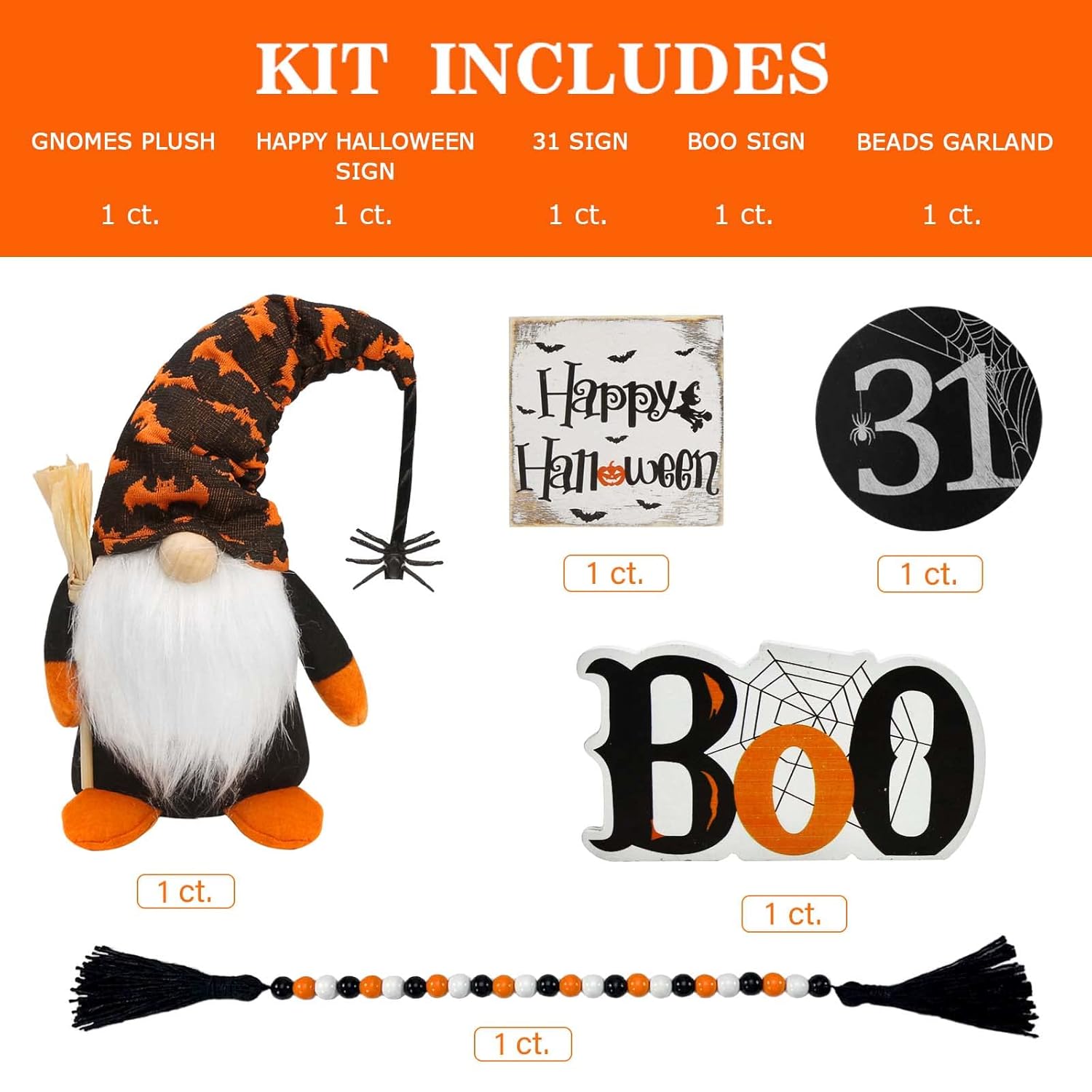 Halloween Decor - Halloween Decorations - Boo Happy Halloween Wooden Signs - Cute Gnomes Plush And Bead Garland - Farmhouse Rustic Tiered Tray Decor Items For Home Table House Room