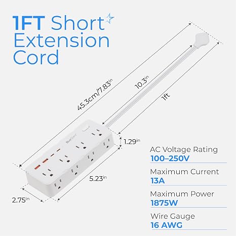 1 ft Short Extension Cord Power Strip with 8 Outlets and 4 USB Ports Flat Plug Surge Protector