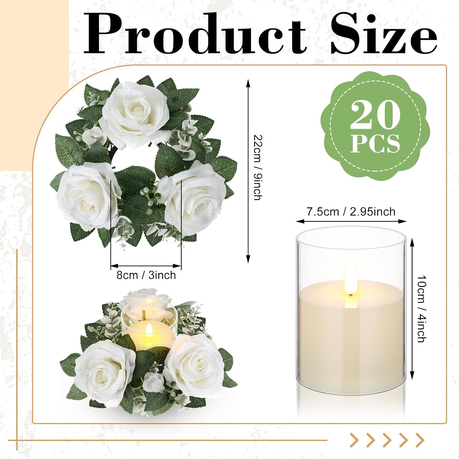20 Pcs Valentine Candle Rings Wreaths 3 Inch Wedding Centerpiece Led Flameless Candles Rose Eucalyptus Rings For Tables Party Centerpiece Valentines Mother'S Day Decoration (White)