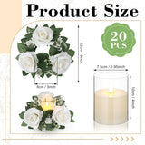 20 Pcs Valentine Candle Rings Wreaths 3 Inch Wedding Centerpiece Led Flameless Candles Rose Eucalyptus Rings For Tables Party Centerpiece Valentines Mother'S Day Decoration (White)