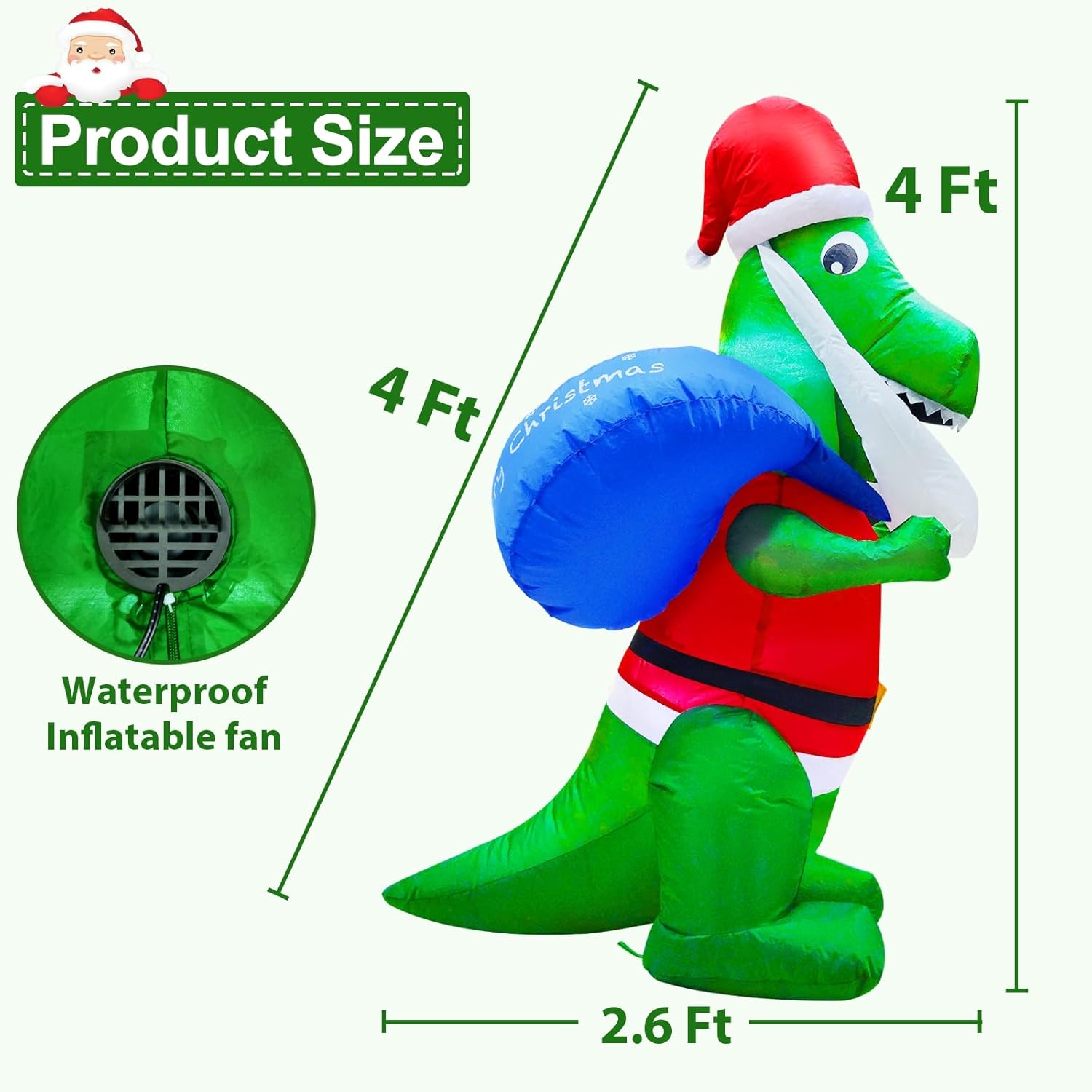 4 Ft Christmas Inflatables Santa Dinosaur With Led Light Stakes Tethers Outdoor Decoration