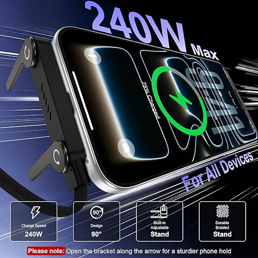 240W USB C to USB C Fast Charging Cable with Foldable Phone Stand 5FT for iPhone Samsung