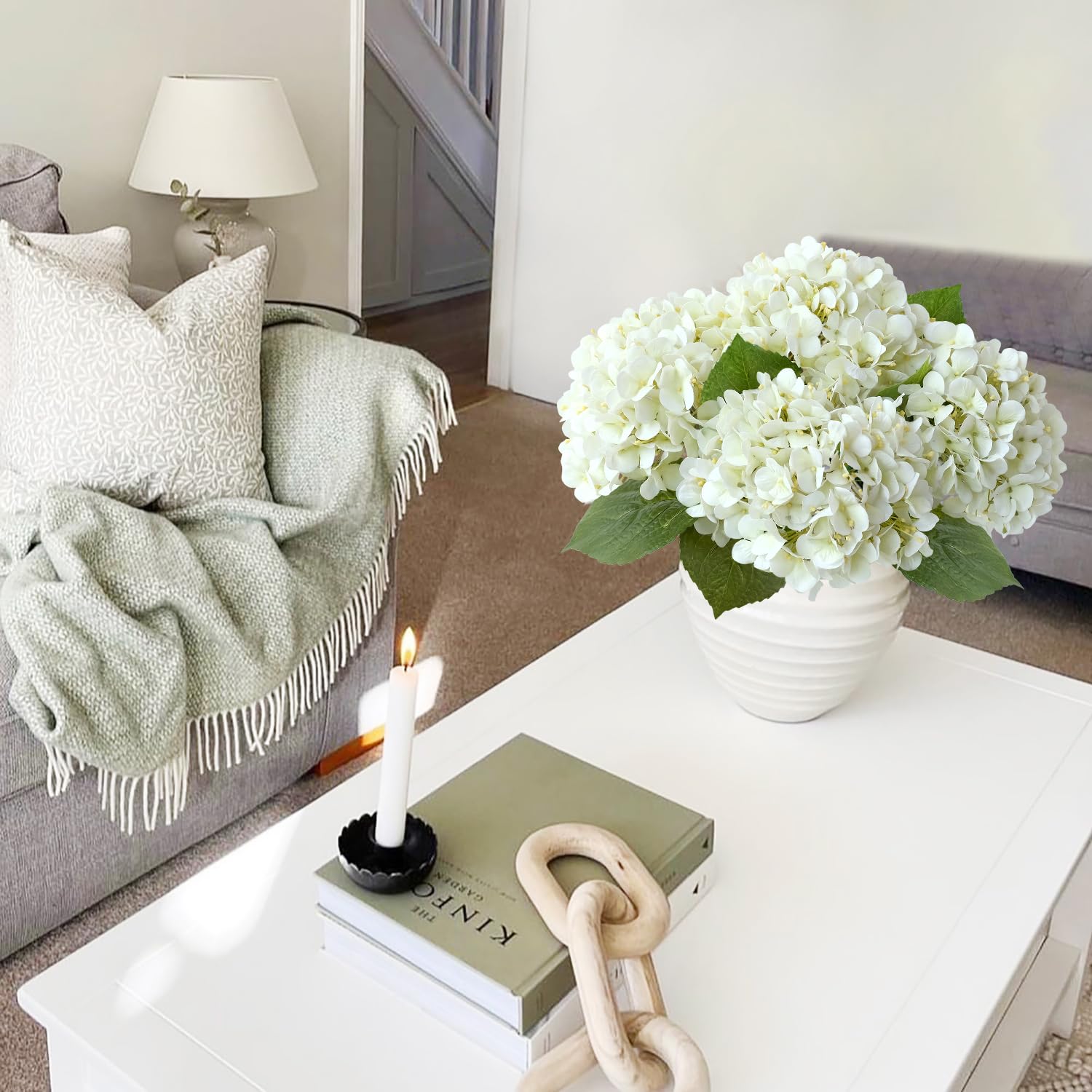 White Flowers Hydrangea Artificial Flowers, 4Pcs 20" Real Touch Lifelike Faux Silk Flowers, Full Fake Artificial Hydrangeas With Stems For Bouquet Table Centerpieces Spring Home Decoration