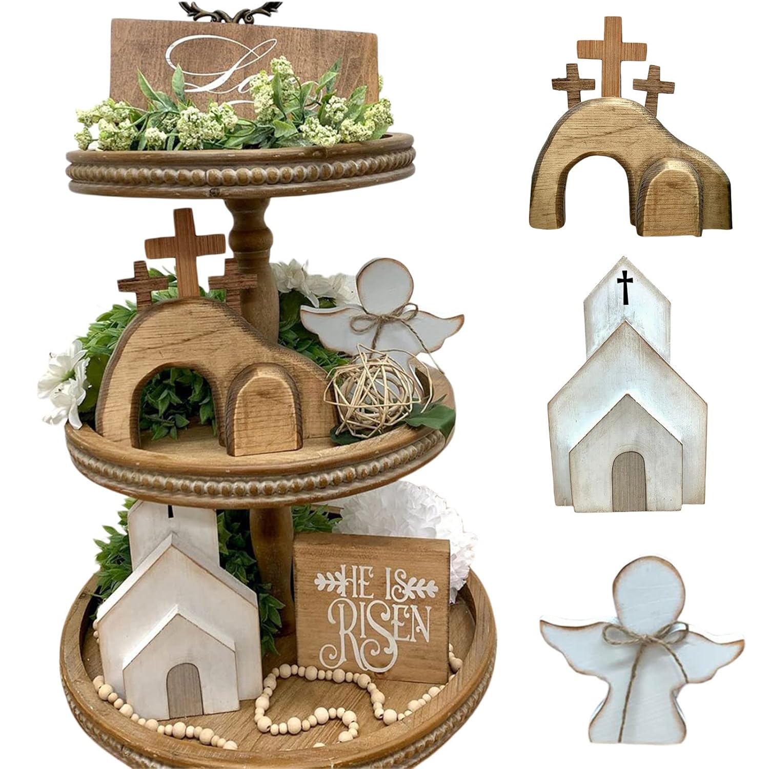 Jesus Tomb-Easter Tray Bundle Kit, Easter Tiered Tray Decor - 4 Pcs Wooden Easter Decoration, Farmhouse Rustic Tiered Tray Decor For Home Table