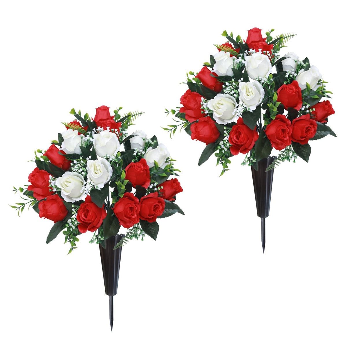 Set Of 2 Artificial Cemetery Flowers, Memorial Flowers Bouquet,Grave Memorial Flowers With Vase For Cemetery Headstones Decoration (Red White)