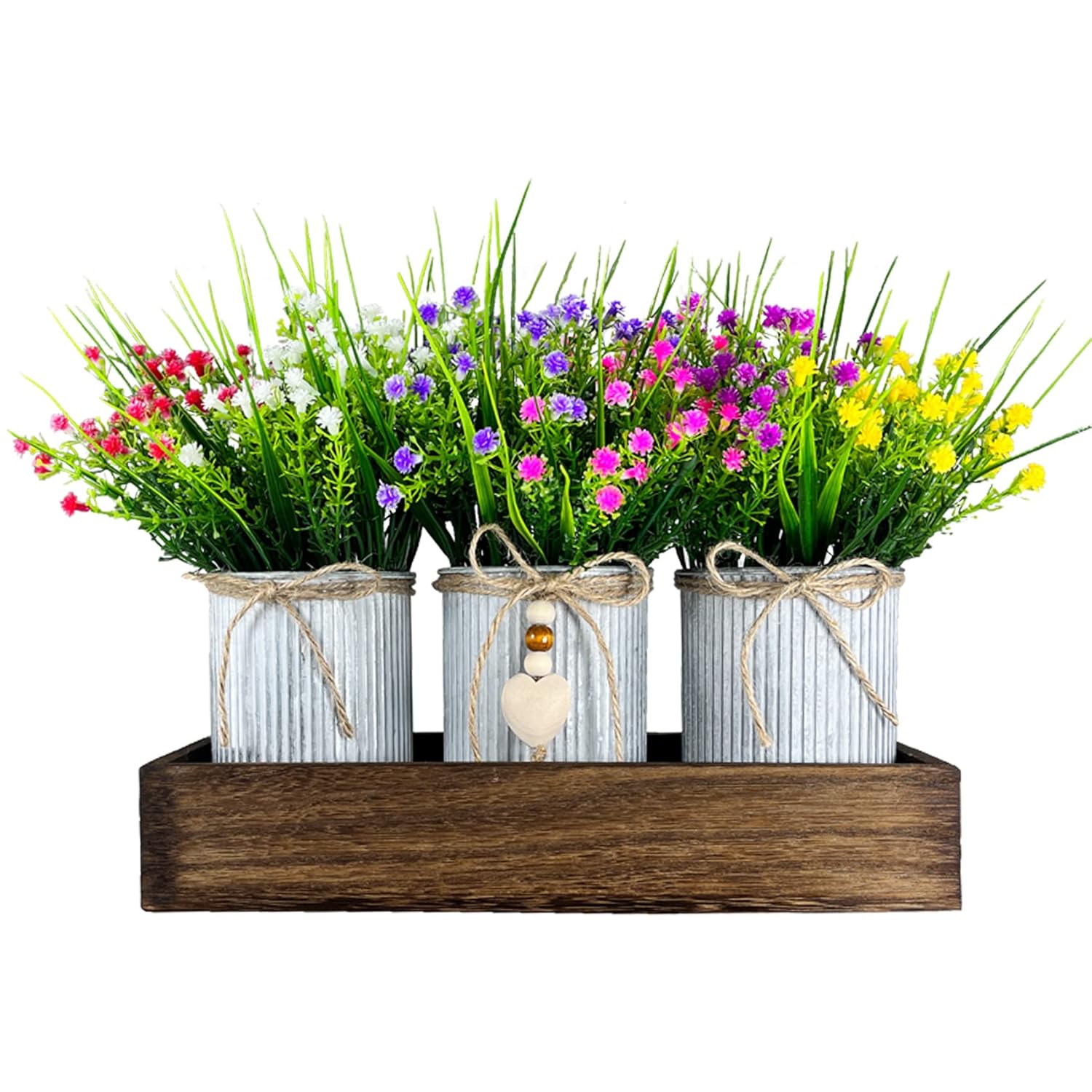 Decorative Centerpiece Wooden Tray With 3 Metal Potted Artificial Babys Breath Gypsophila Plant Flowers Rustic Country Farmhouse Décor For Dining Room, Living Room And Kitchen Table